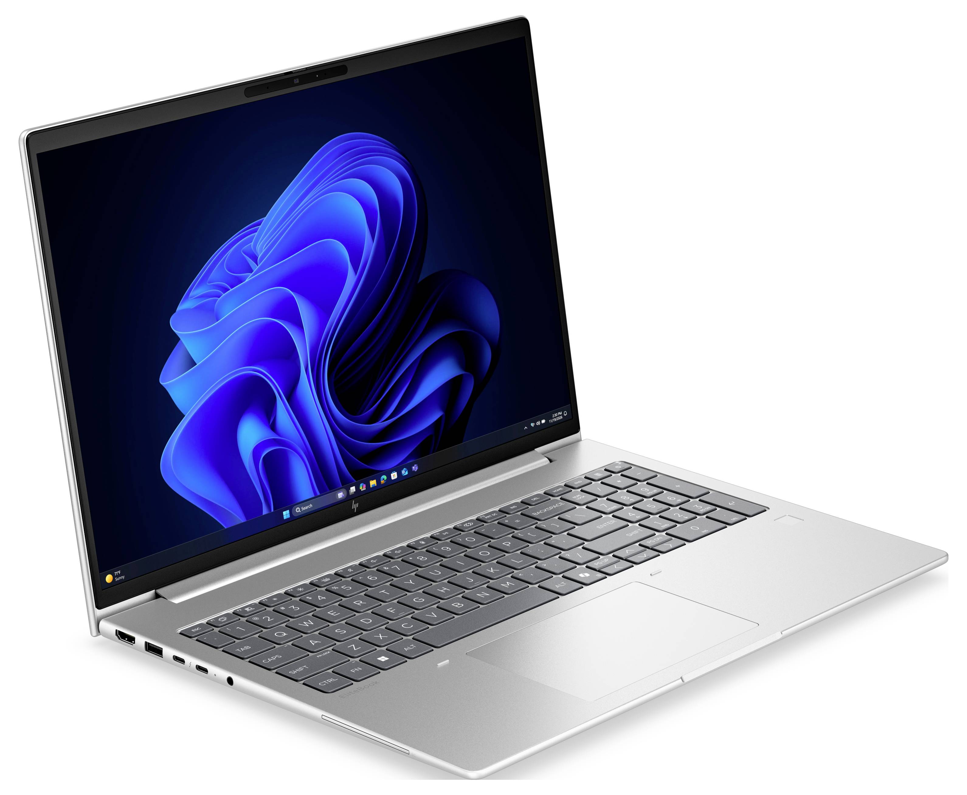 Hybrid-Teams optimiert: Laptop mit Videokonferenz, Präsentationsfolien und Analysediagrammen. Optimierte Audio- und Videofunktionen für virtuelle Meetings.