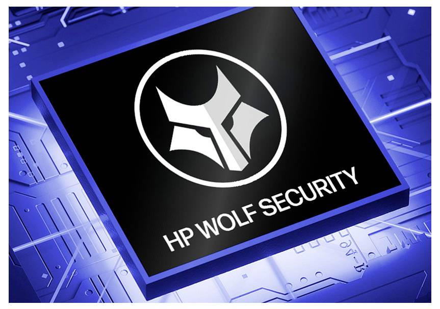 HP Wolf Security Logo auf blauem Leiterplattenhintergrund, zeigt ein stilisiertes Wolfssymbol und den Produktnamen.