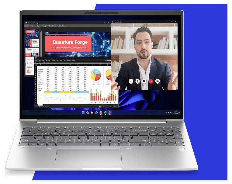 Laptop-Bildschirm zeigt ein Business-Dashboard mit der Bezeichnung „Quantum Forge