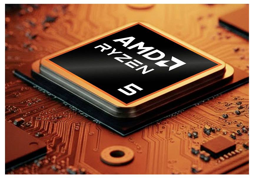 Nahaufnahme eines AMD Ryzen 5 Prozessor-Chips auf einer orangefarbenen Leiterplatte.
