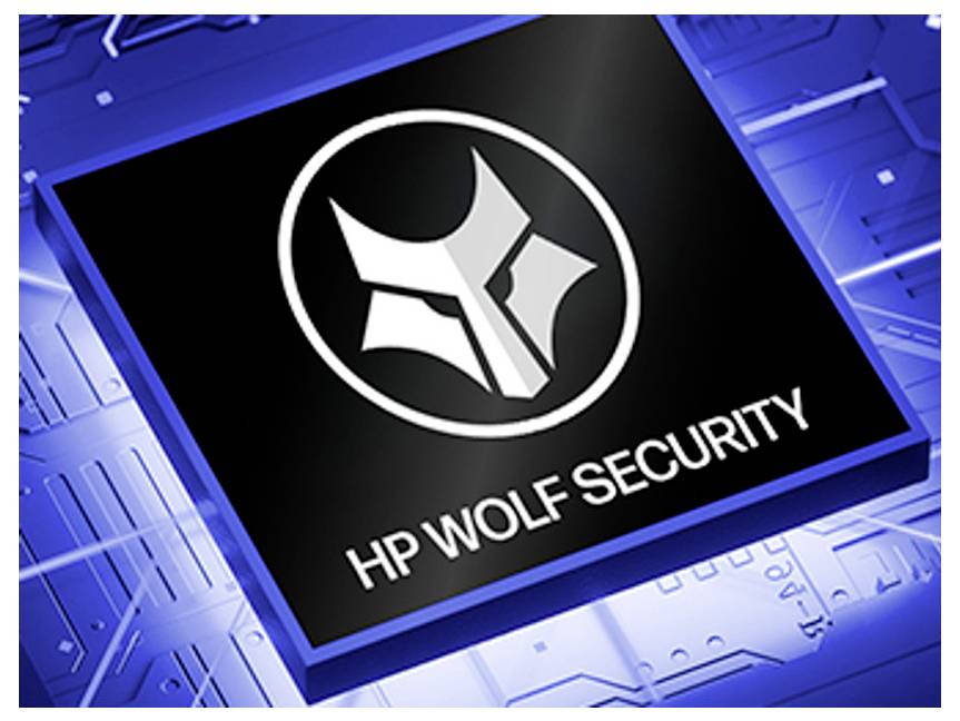 HP Wolf Security Logo auf einer schwarzen quadratischen Kachel über einem blauen Leiterplatten-Hintergrund.