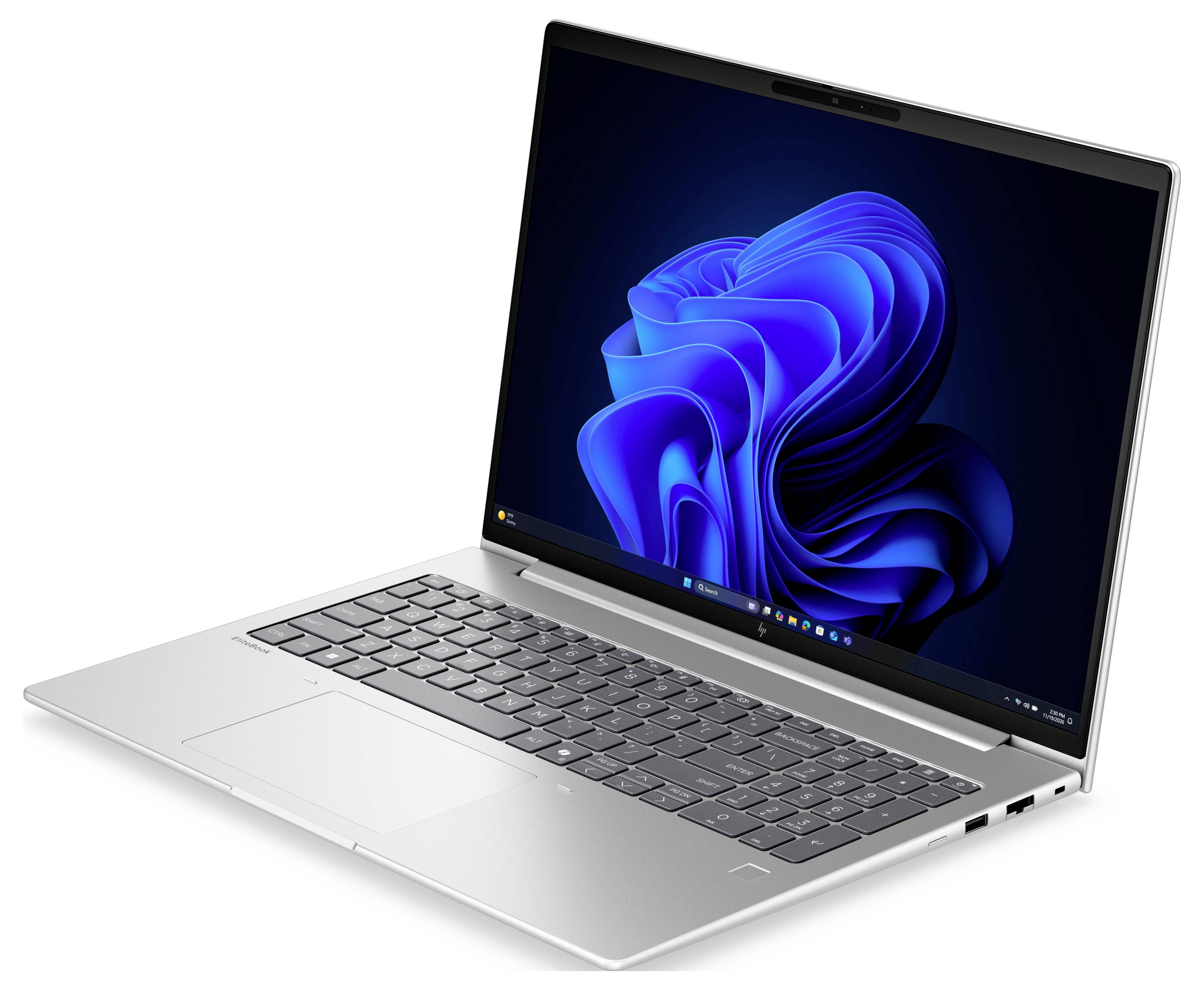 Silberner Laptop in einem Winkel geöffnet, zeigt eine blaue abstrakte Windows-ähnliche Hintergrundgrafik auf dem Bildschirm.