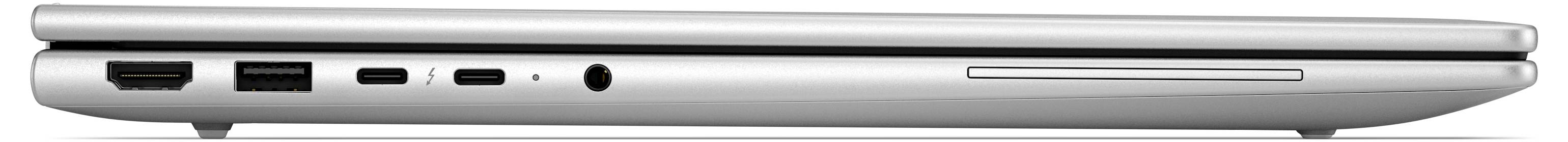 Seitenansicht eines silbernen Laptops, der das geschlossene Profil mit Anschlüssen an der linken Kante zeigt.