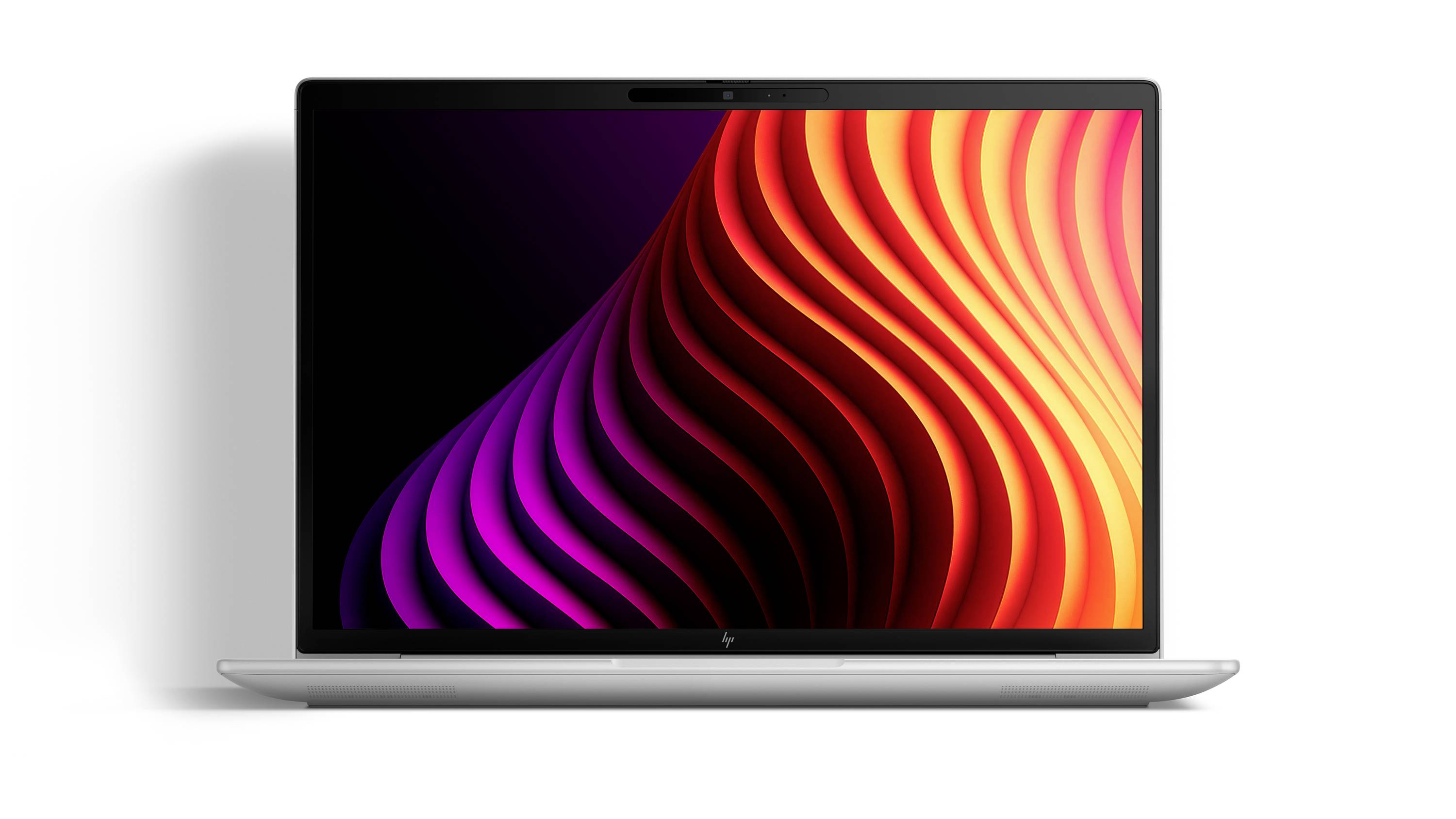 Silberner Laptop mit abstraktem rot-, orange- und purpurfarbenem Wellen-Hintergrundbild auf schwarzem Bildschirm.