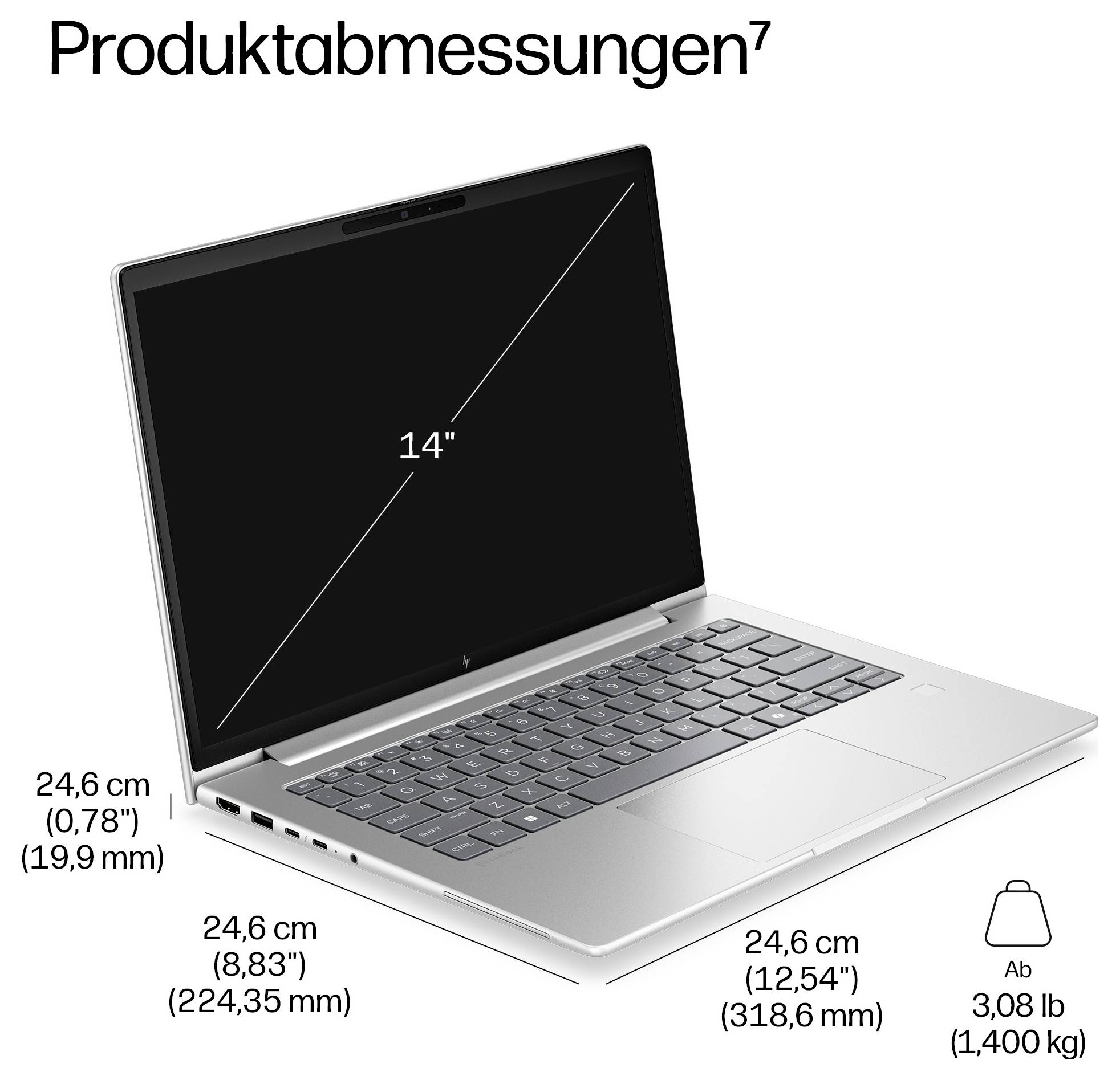 Produktmessungen für einen 14-Zoll-Laptop, mit den Abmessungen 24,6 cm Breite, 24,6 cm Tiefe und ab 3,08 lb Gewicht.