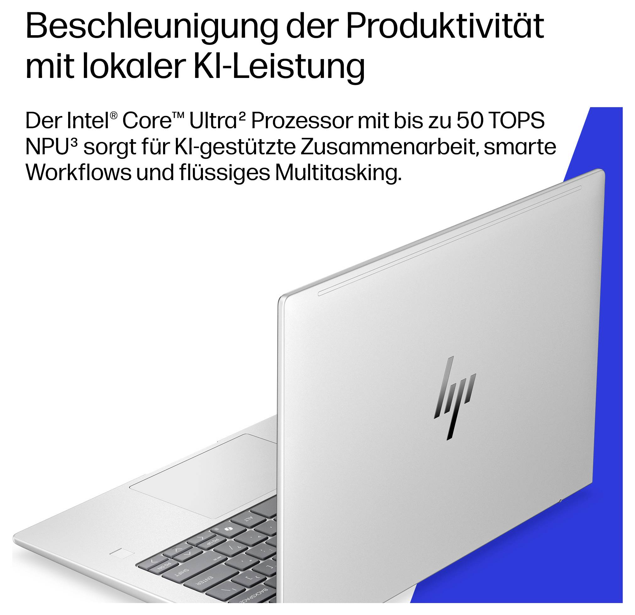 HP Laptop-Anzeige mit deutschem Text, der den Intel Core Ultra Prozessor und bis zu 50 TOPS NPU für KI-Zusammenarbeit, intelligente Arbeitsabläufe und Multitasking bewirbt.