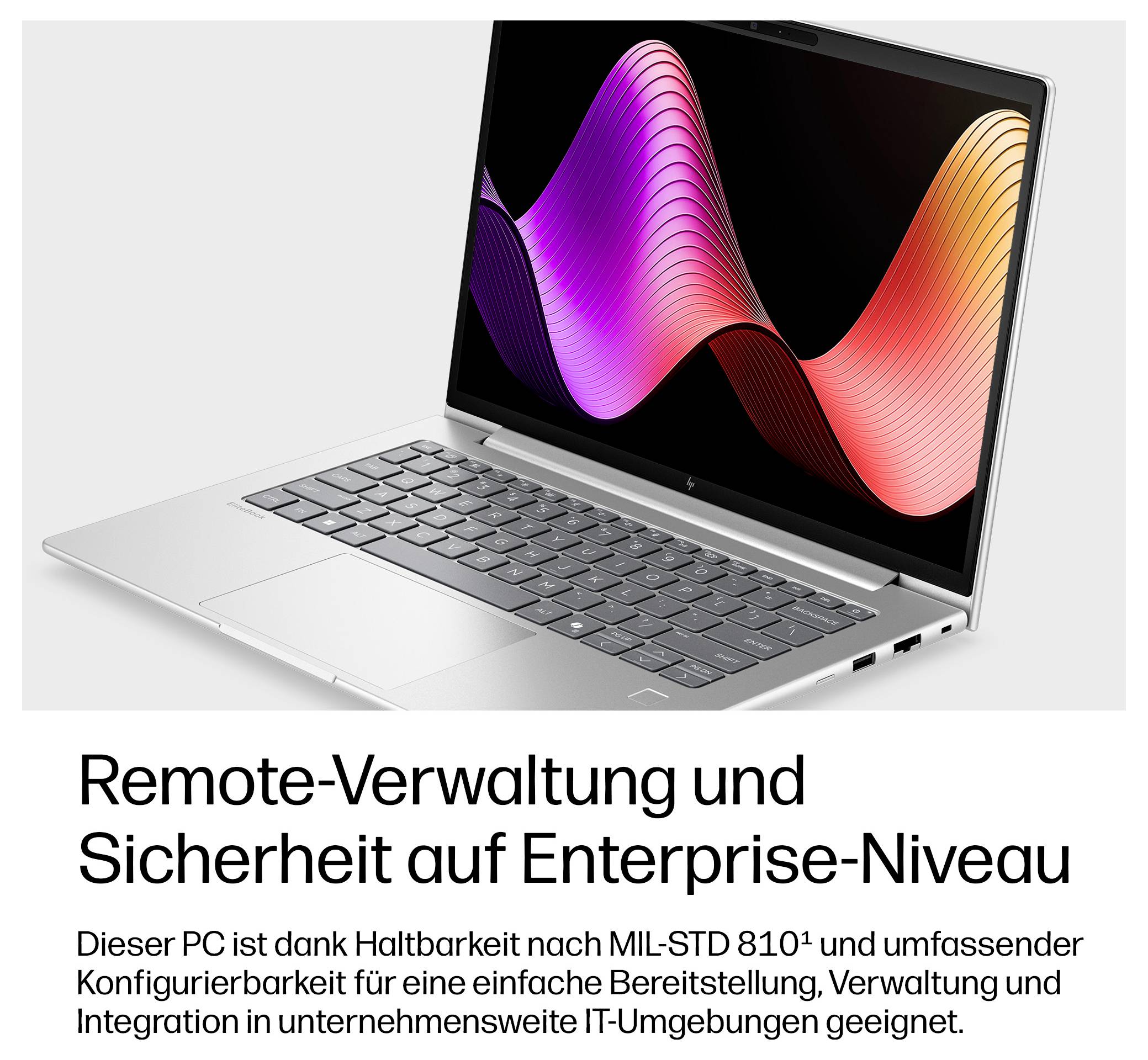 Silberner Laptop mit farbenfroher Welle auf dem Bildschirm; Deutscher Text lautet „Remote-Verwaltung und Sicherheit auf Enterprise-Niveau