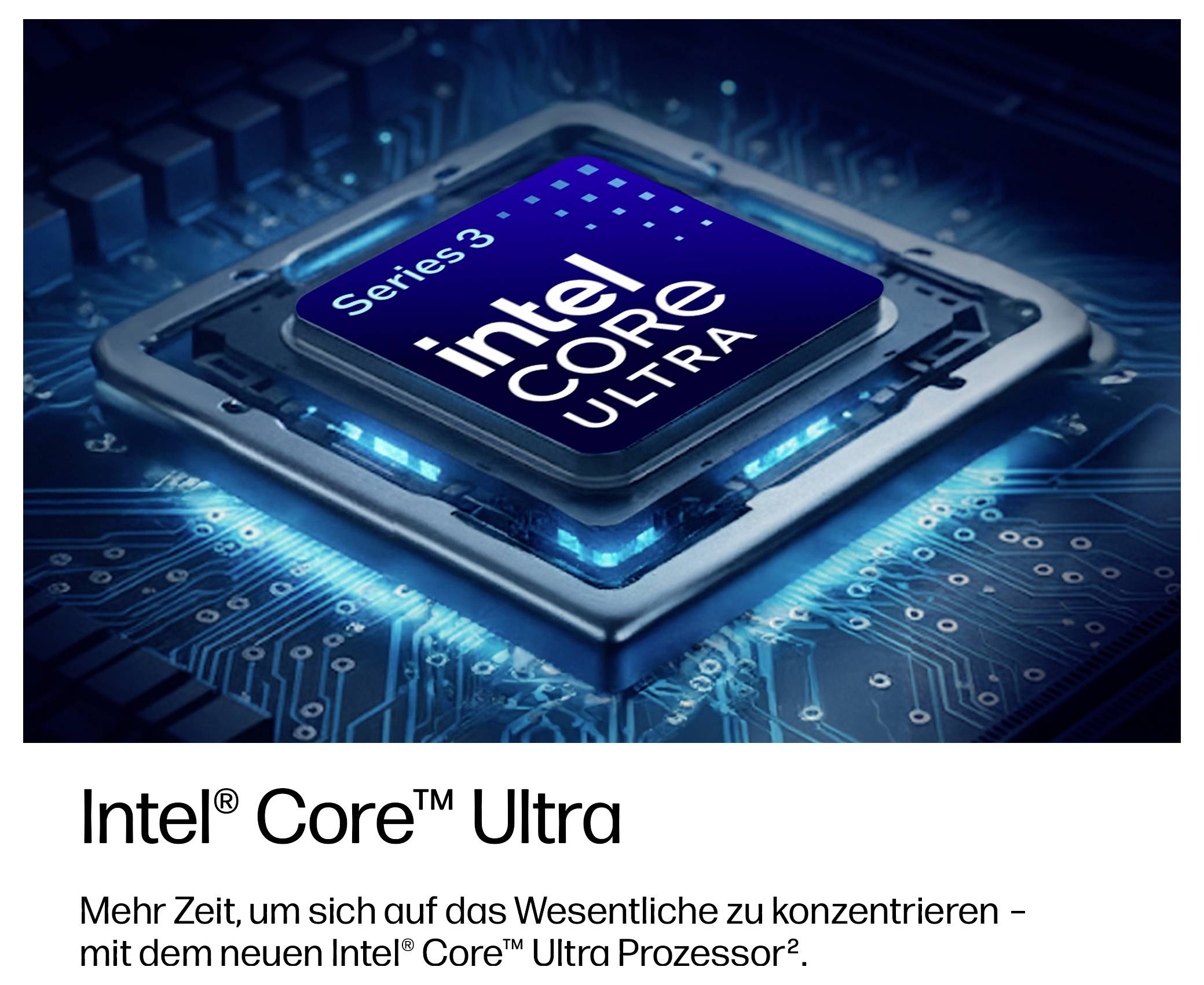 Beworbenes Bild eines Intel Core Ultra Prozessoren Chips mit der Bezeichnung „Series 3