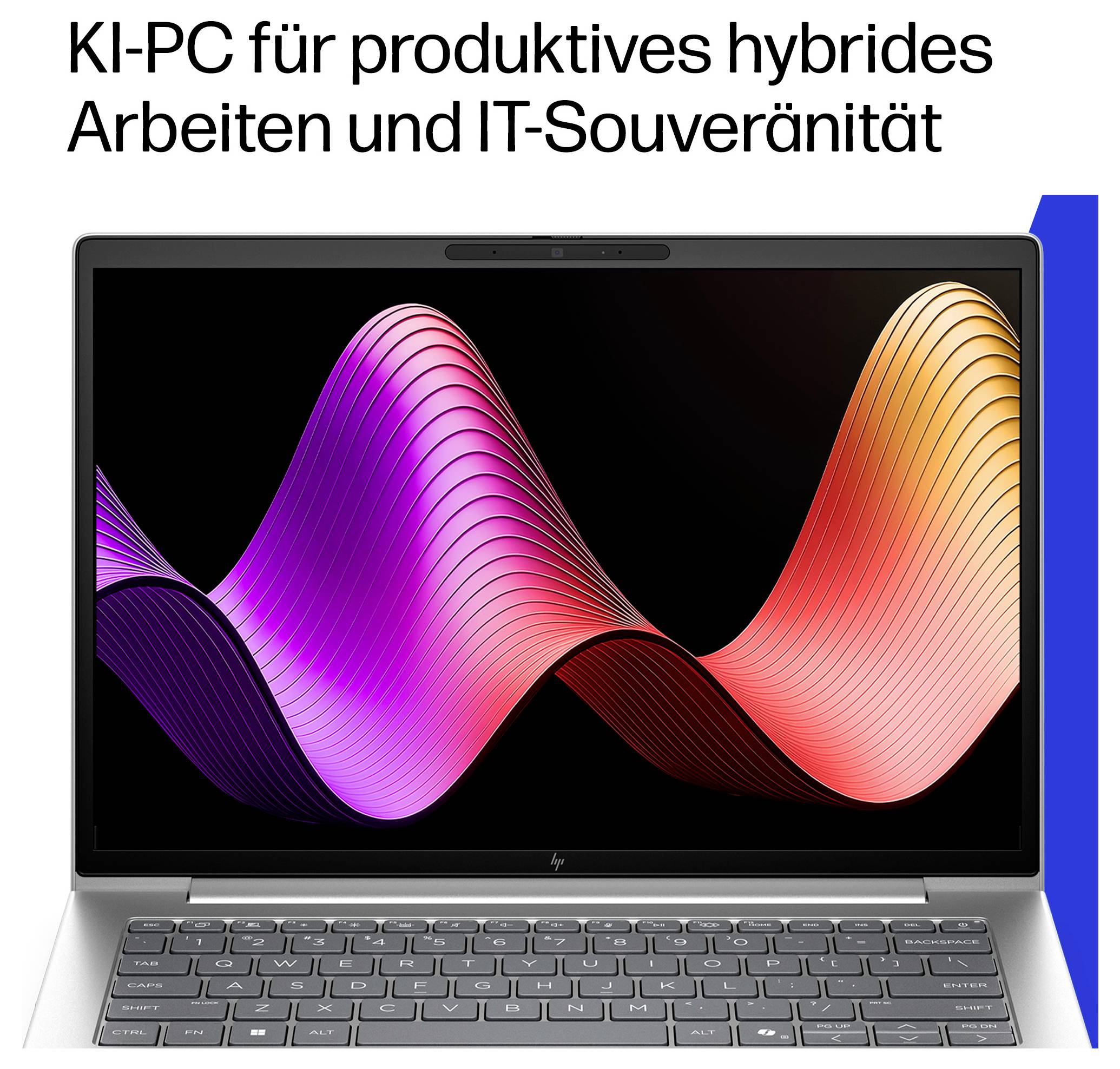 Laptop mit abstraker Wellengrafik und deutscher Überschrift 