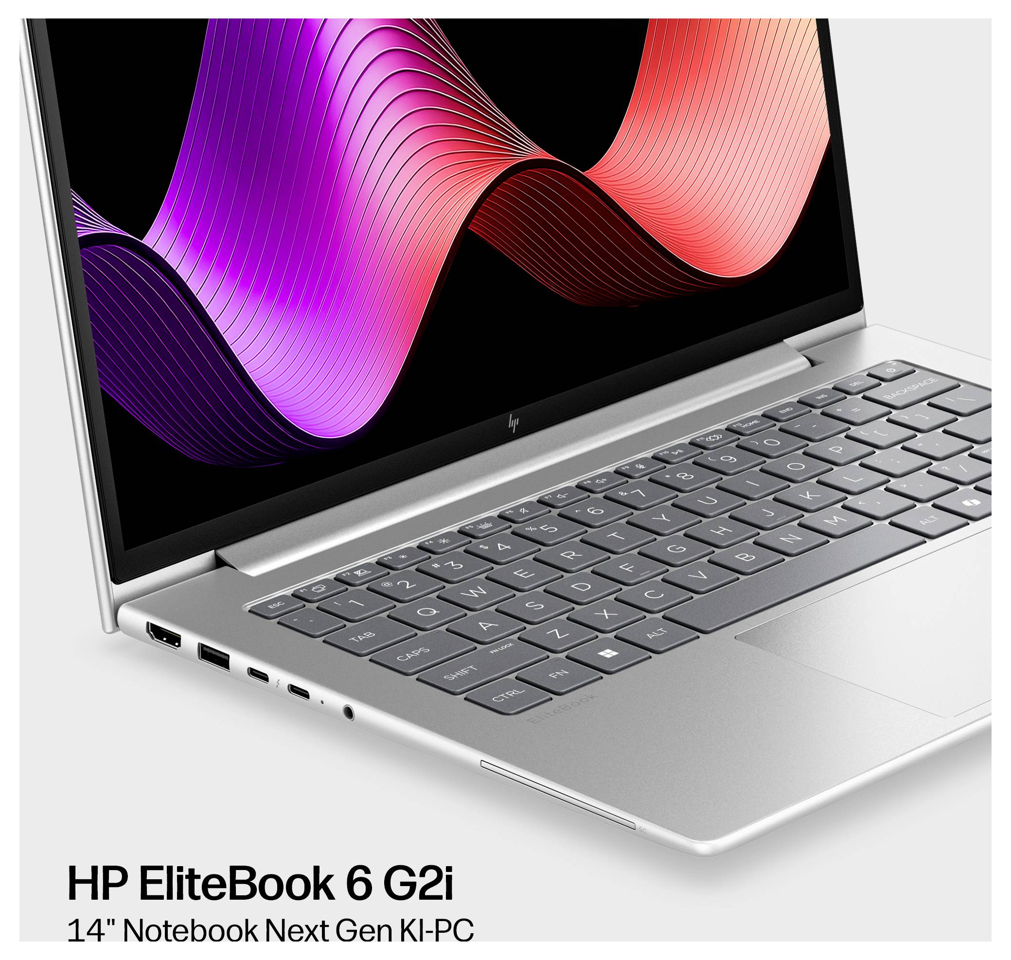 HP EliteBook 6 G2i 14-Zoll-Notebook-Laptop mit geöffnetem Display, das eine farbenfrohe Welle zeigt, sichtbarer Tastatur und Produktnamentext darunter.