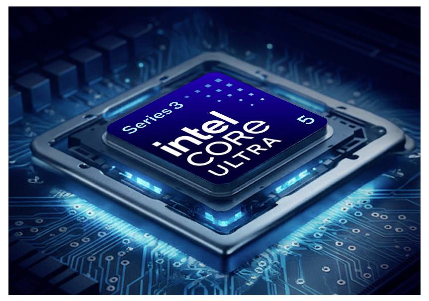 Nahaufnahme eines Intel Core Ultra 5 Series 3 Prozessor-Chips, der blau leuchtend auf einer Leiterplatte abgebildet ist, dargestellt als Technologie-Produktillustration.