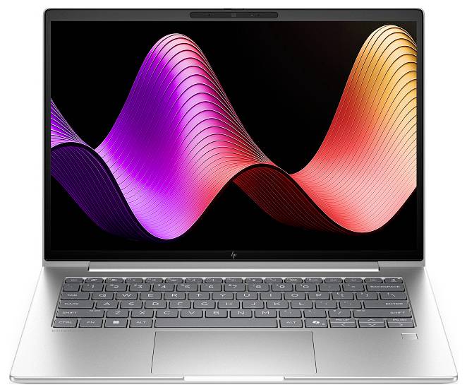 Silberner Laptop, geöffnet, zeigt bunte abstrakte Wellentapete auf dem Bildschirm.