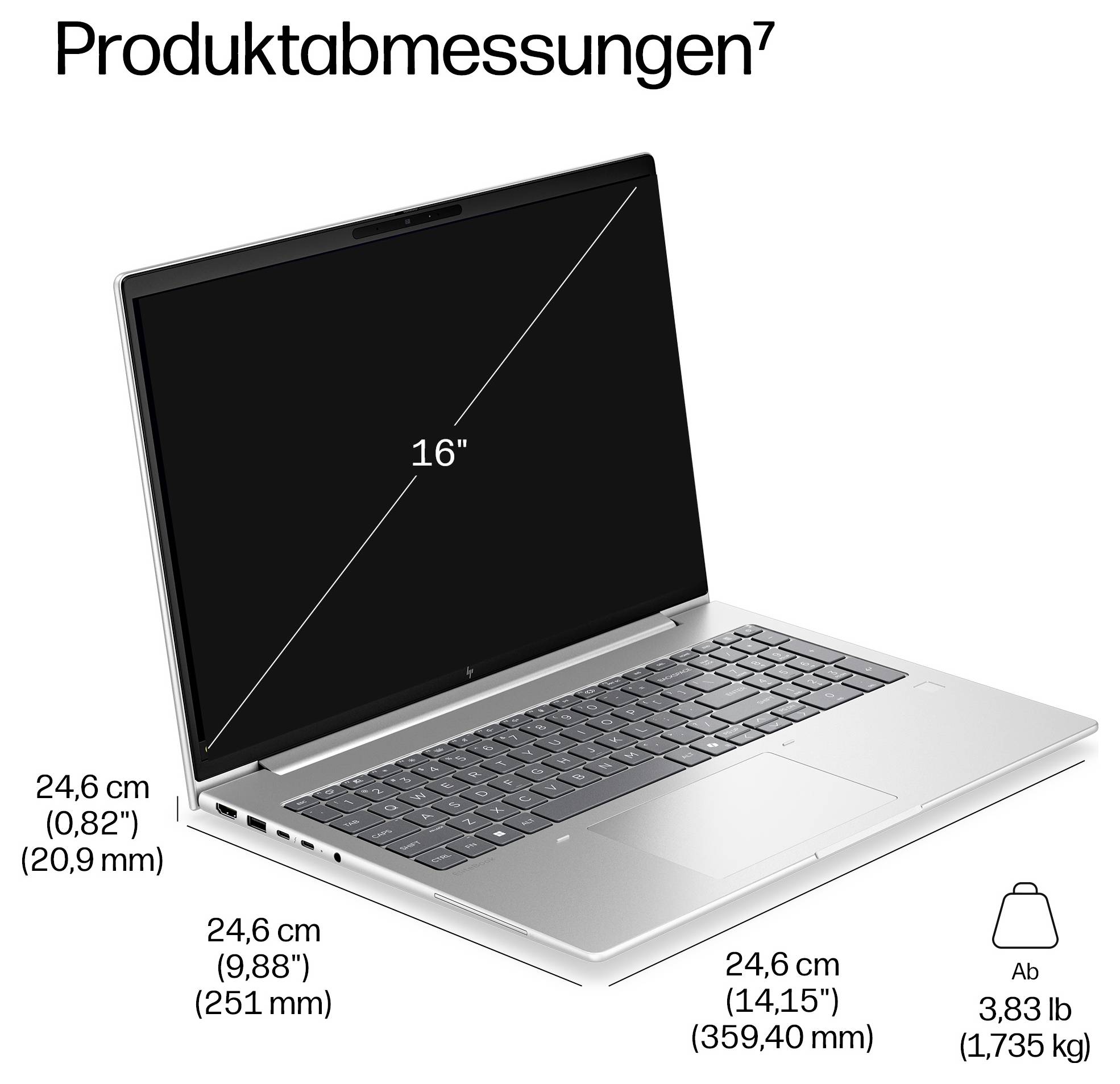 Diagramm zeigt Produktabmessungen für 16-Zoll-Laptop: 24,6 cm breit, 24,6 cm tief, 20,9 mm dick, ab 3,83 lb.