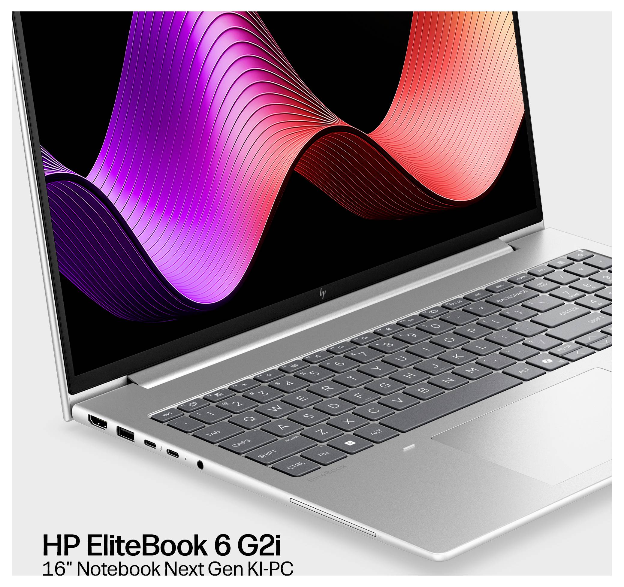 HP EliteBook 6 G2i 16-Zoll-Notebook-Laptop, geöffnet dargestellt, mit farbenfroher Wellengrafik auf dem Bildschirm und Produktnamentext darunter.