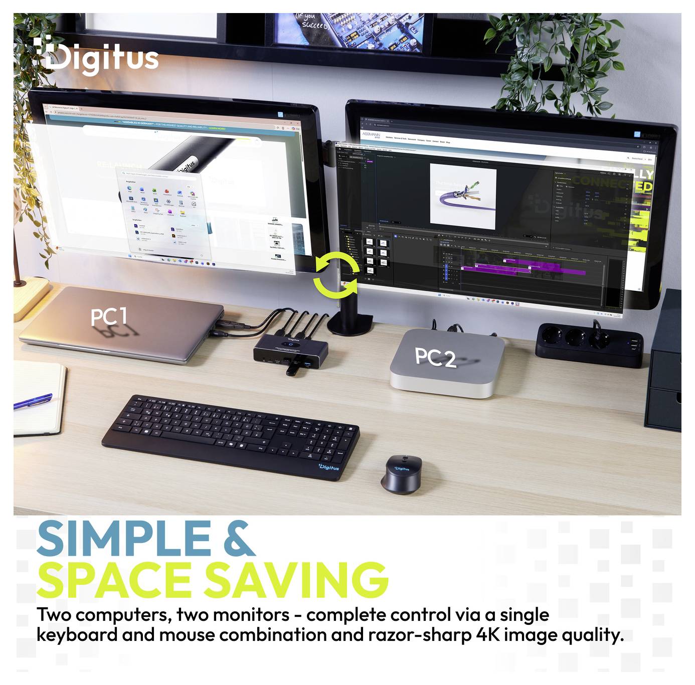 Dual-Monitor-Schreibtischanordnung mit PC1 und PC2, wobei eine Tastatur und eine Maus zwei Computer steuern; der Text lautet „Einfach & Platzsparen