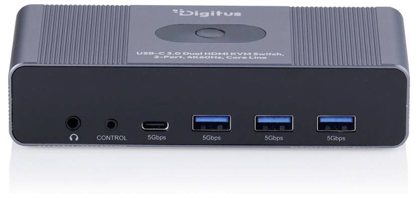 Frontansicht einer Digitus USB-C Dockingstation mit einer Audiobuchse, einem Steuerungsanschluss und drei USB 3.0 5Gbps-Anschlüssen
