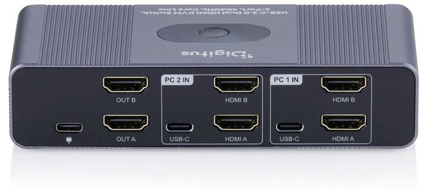 Eine schwarze Tripp Lite HDMI-Umschalter-/Splitter-Box mit beschrifteten Anschlüssen für „PC 2 IN