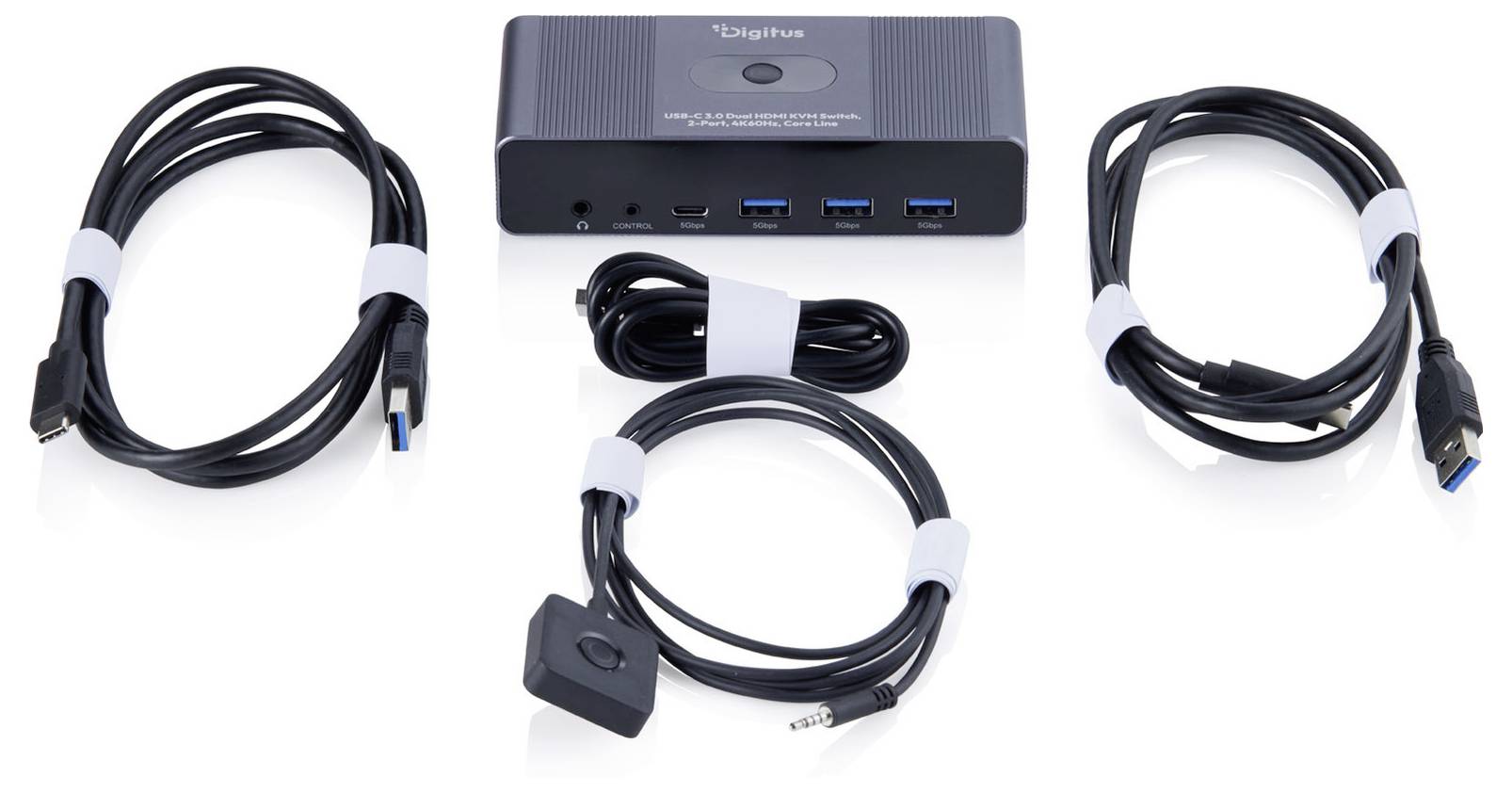 Kompakte schwarze Dockingstation mit mehreren angeschlossenen Kabeln, darunter USB-, Video- und Audiokabel, angeordnet auf weißem Hintergrund.