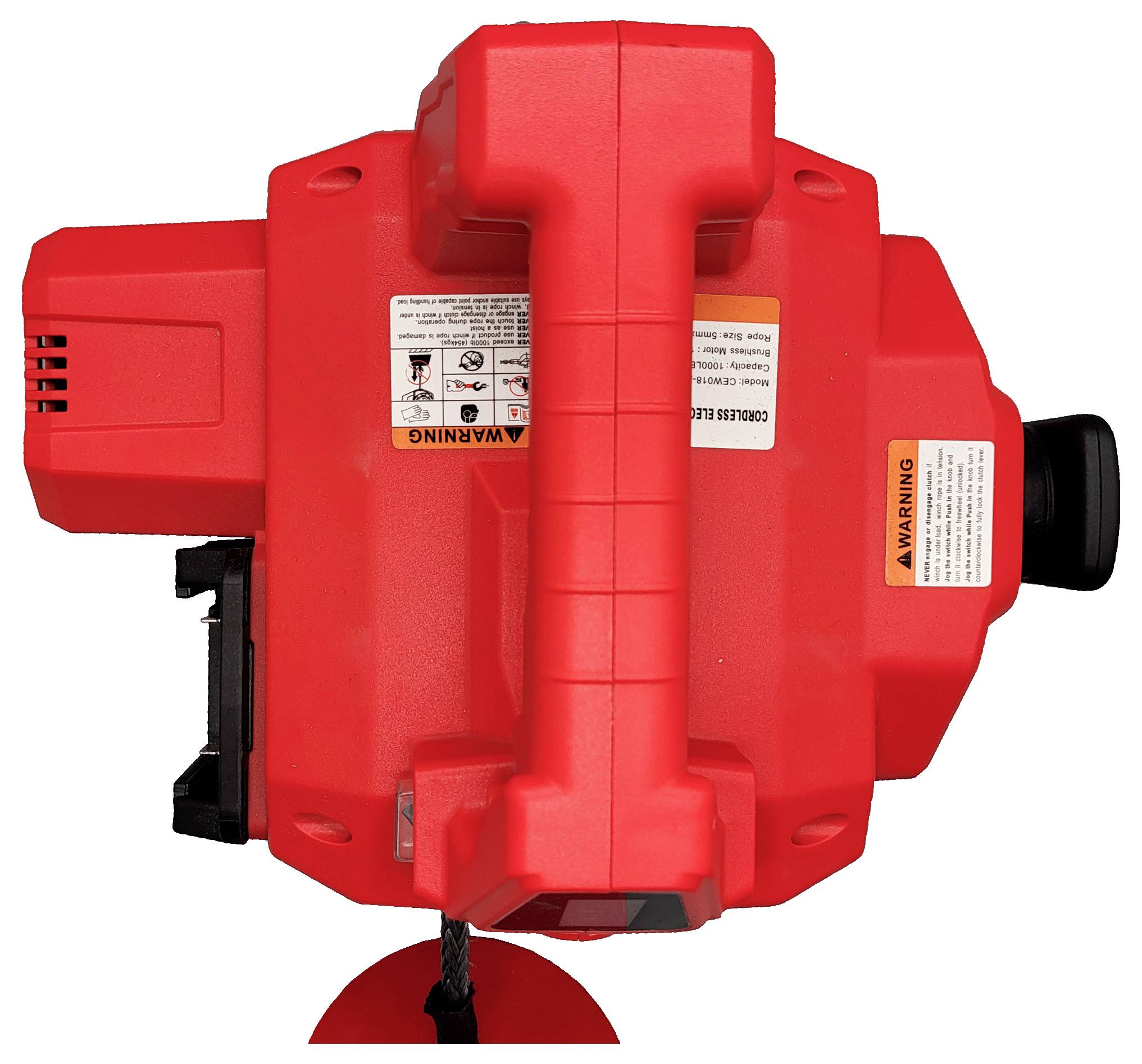 Rotes tragbares Elektrowerkzeug mit seitlichem Motorgehäuse, oberer Griffleiste, schwarzem Stecker und Warnaufklebern, gezeigt auf weißem Hintergrund.