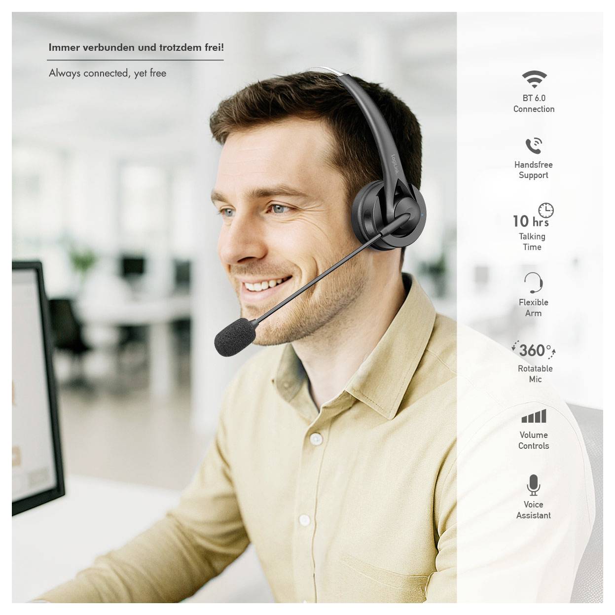 Lächelnder Mann trägt ein BT 6.0 Headset mit Boom-Mikrofon; der Anzeigentext lautet „Immer verbunden, aber frei
