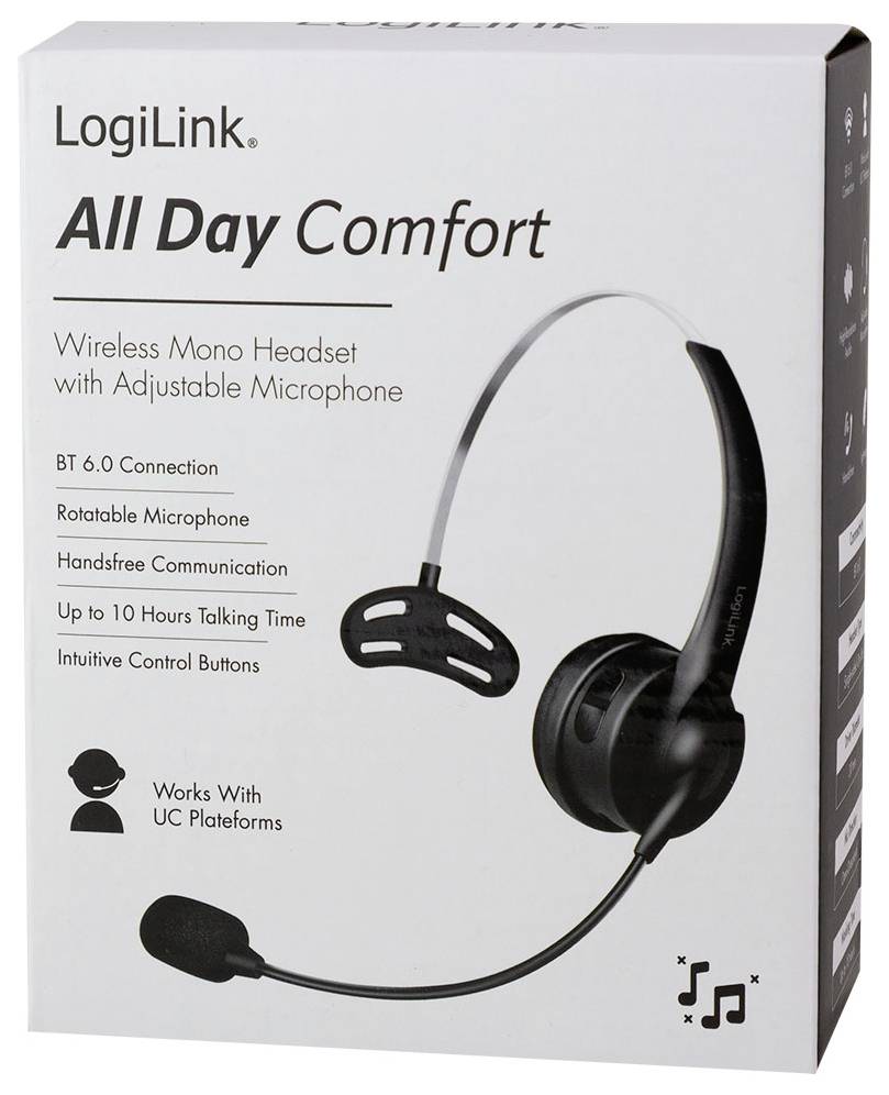 LogiLink All Day Comfort drahtloses Mono-Headset mit verstellbarem Mikrofon, BT 6.0, bis zu 10 Stunden Sprechzeit, kompatibel mit UC-Plattformen.