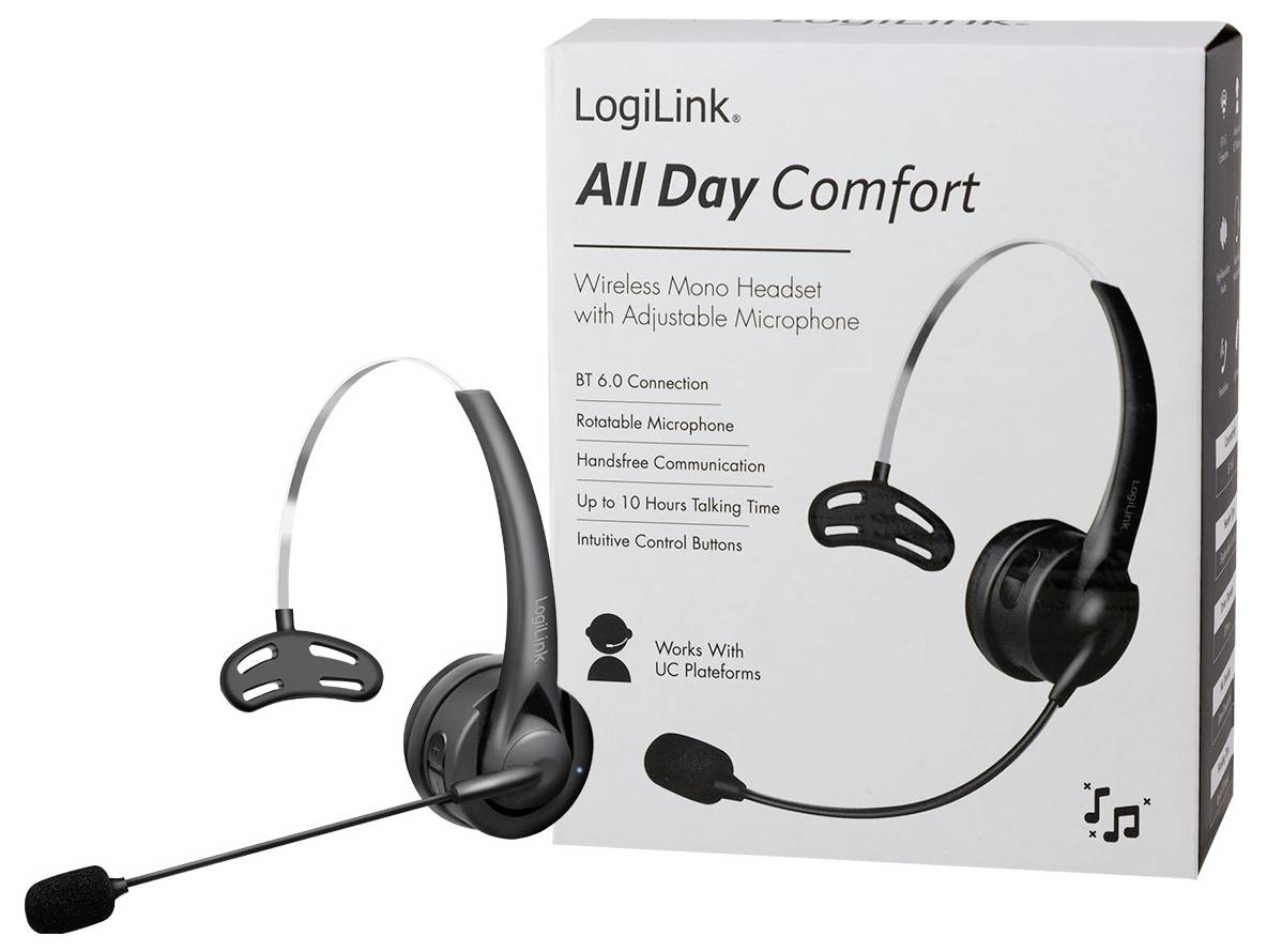 LogiLink All Day Comfort kabelloses Mono-Headset mit verstellbarem Mikrofon, abgebildet mit Produktbox, die Bluetooth 6.0, 10 Stunden Gesprächszeit und UC-Kompatibilität auflistet.