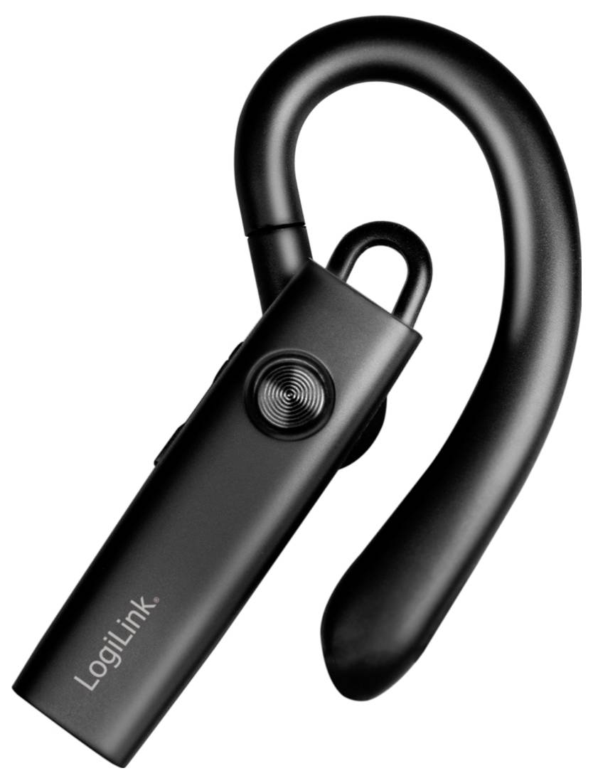 Schwarzes LogiLink Bluetooth-Headset mit Over-Ear-Bügel und Inline-Steuerungsschaltfläche, dargestellt auf weißem Hintergrund.
