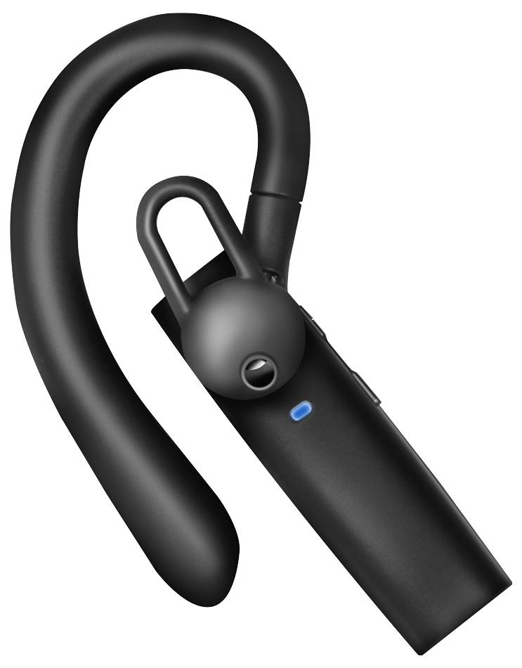 Schwarzes Bluetooth-Ohrhörer-Headset mit Ohrbügel und kleiner blauer Anzeigeleuchte, auf weißem Hintergrund abgebildet.