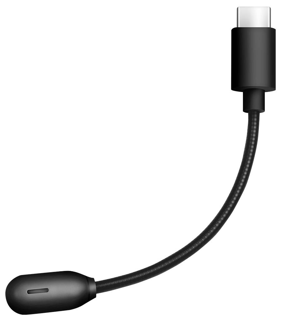 Schwarzes USB-C-Kabel mit flexiblem Schwanenhals und kleiner Inline-Kapsel, auf weißem Hintergrund gezeigt.