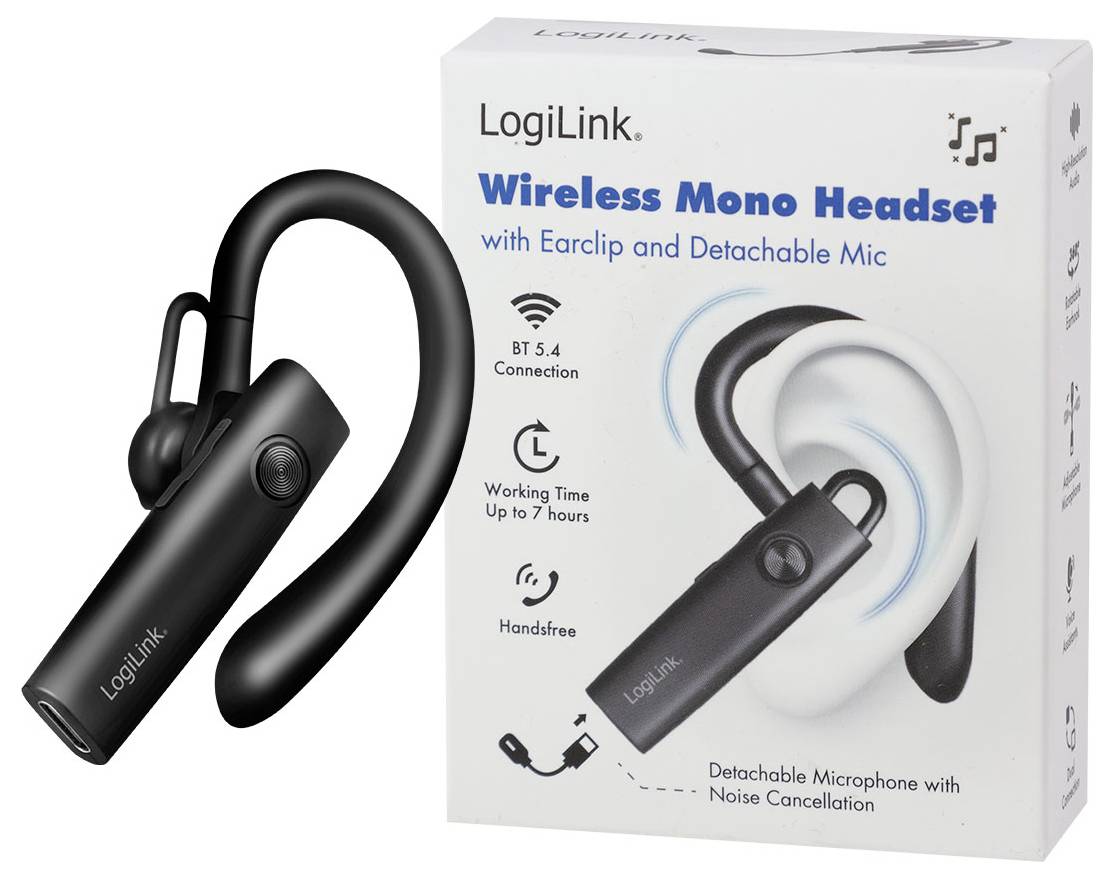 LogiLink kabelloses Mono-Headset mit Ohrbügel und abnehmbarem Mikrofon, neben seiner Einzelhandelsverpackung gezeigt, auf der Bluetooth 5.4, Freisprechfunktion und bis zu 7 Stunden Nutzungsdauer aufgelistet sind.