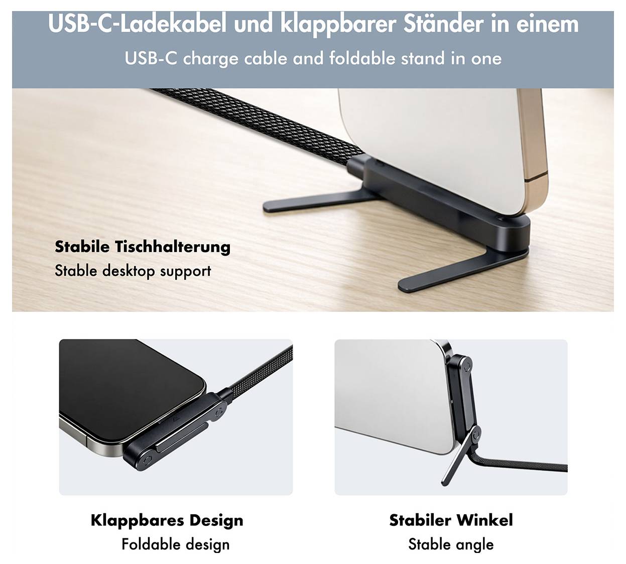 Werbegrafik mit einem USB-C-Ladekabel mit ausklappbarem Ständer für ein Gerät, das stabile Desktop-Unterstützung, faltbares Design und stabilen Winkel hervorhebt.