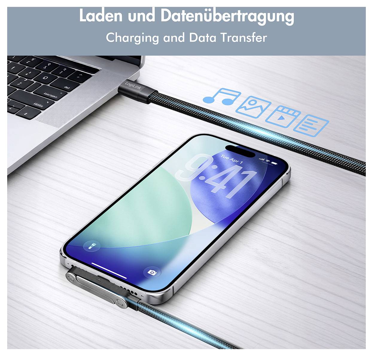 Smartphone, der über ein Kabel mit einem Laptop verbunden ist, zeigt Laden und Datenübertragung an, mit Symbolen für Musik, Fotos, Video und Dateien.