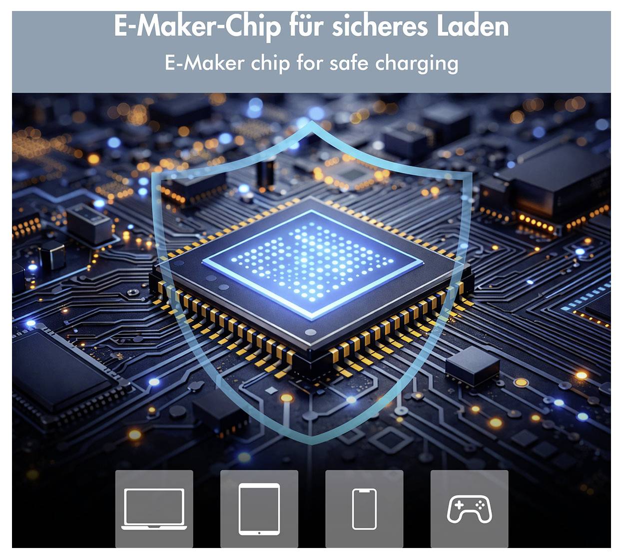 Werbegrafik eines E-Maker-Chips für sicheres Laden, zeigt einen leuchtenden Mikrochip, der durch ein Schildsymbol geschützt wird, mit Symbolen für Laptop, Telefon und Spielcontroller darunter.