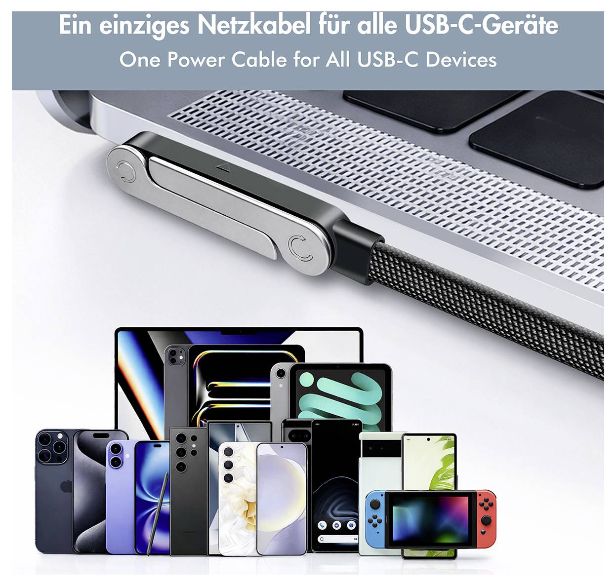 Werbegrafik mit einem USB-C-Ladekabel für „Ein Stromkabel für alle USB-C-Geräte
