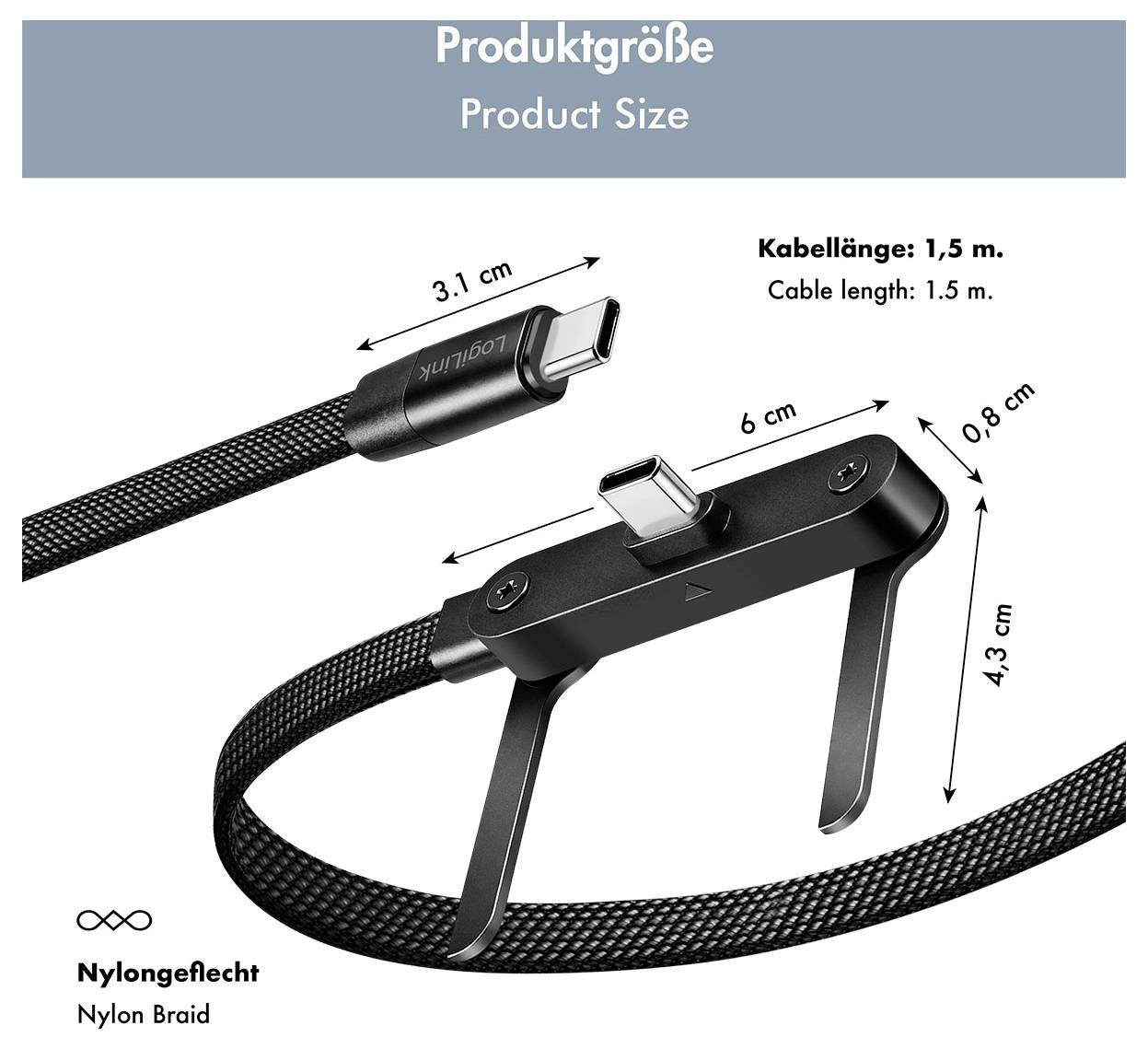 Größendiagramm eines USB-C-Kabels mit integriertem Clip/Halter, das eine Kabellänge von 1,5 m und Abmessungen von 3,1 cm, 6 cm, 0,8 cm und 4,3 cm zeigt.