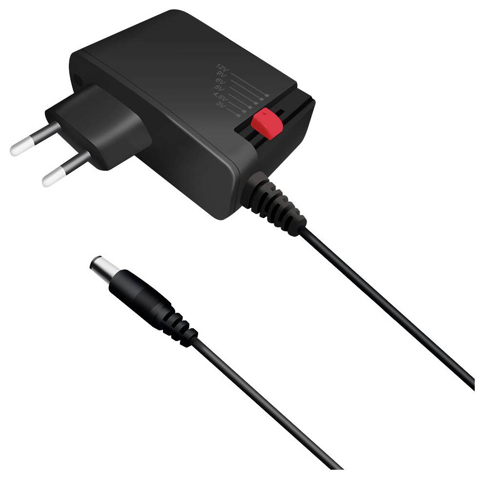 Schwarzer Netzteil mit zweipoliger Steckverbindung, rotem Schiebeschalter und angeschlossenem DC-Barrel-Connector-Kabel auf weißem Hintergrund.