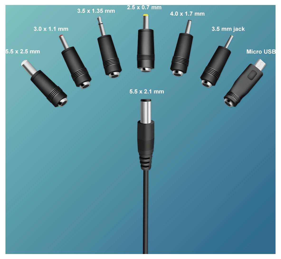 Diagramm von Stromversorgungs- und Gerätesteckerstiften mit Größenangaben: 5,5 x 2,5 mm, 3,0 x 1,1 mm, 3,5 x 1,35 mm, 2,5 x 0,7 mm, 4,0 x 1,7 mm, 3,5-mm-Klinke, Micro-USB und 5,5 x 2,1 mm.