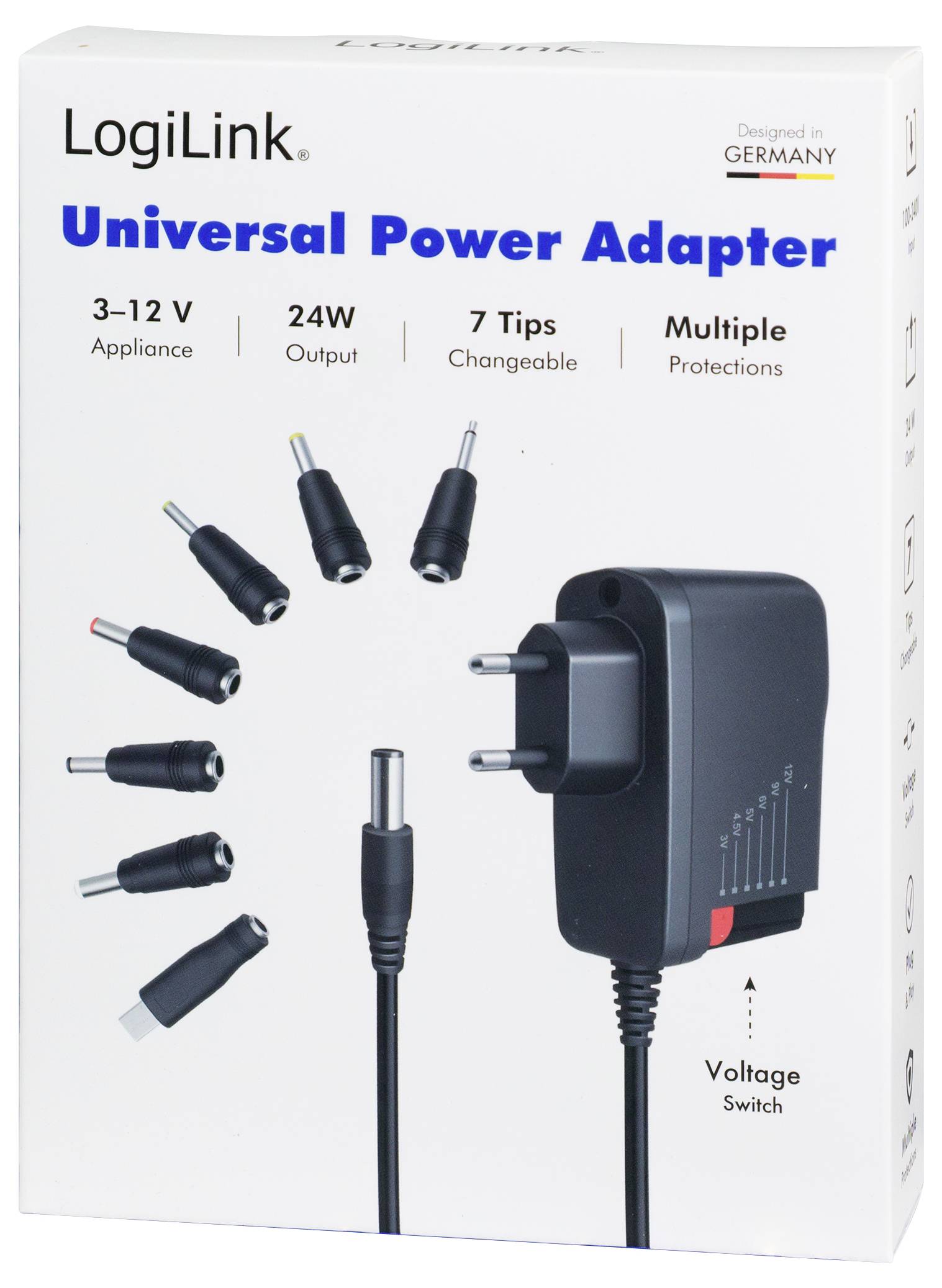 LogiLink Universal-Stromadapter-Verpackung mit einem 3-12V, 24W-Adapter mit 7 austauschbaren Spitzen, mehrfachem Schutz und einem Spannungsschalter.