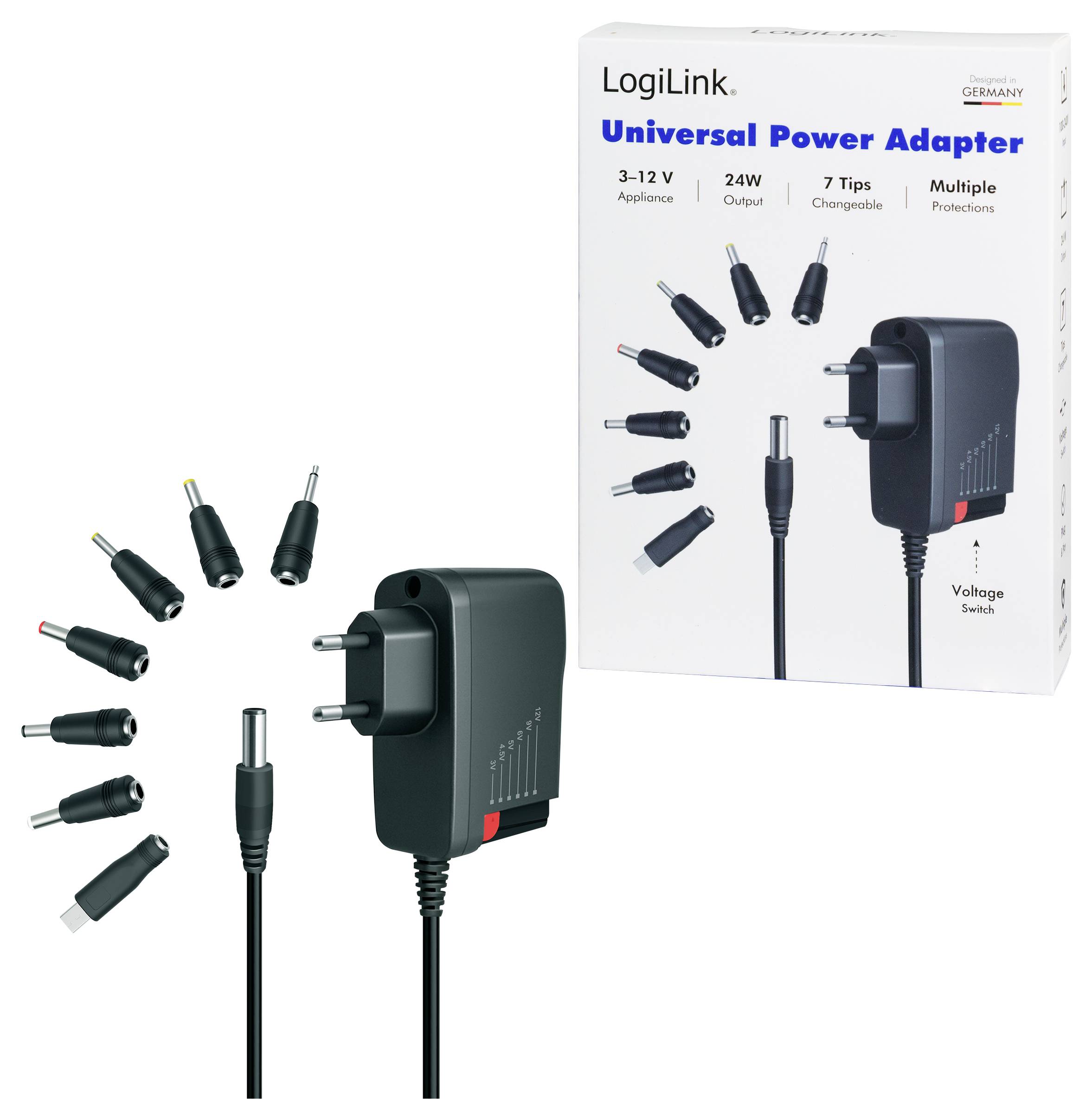 LogiLink universelles Netzteil mit 7 austauschbaren Steckerspitzen, 3–12V Ausgang, gezeigt mit Produktverpackung und Spannungsschalter.