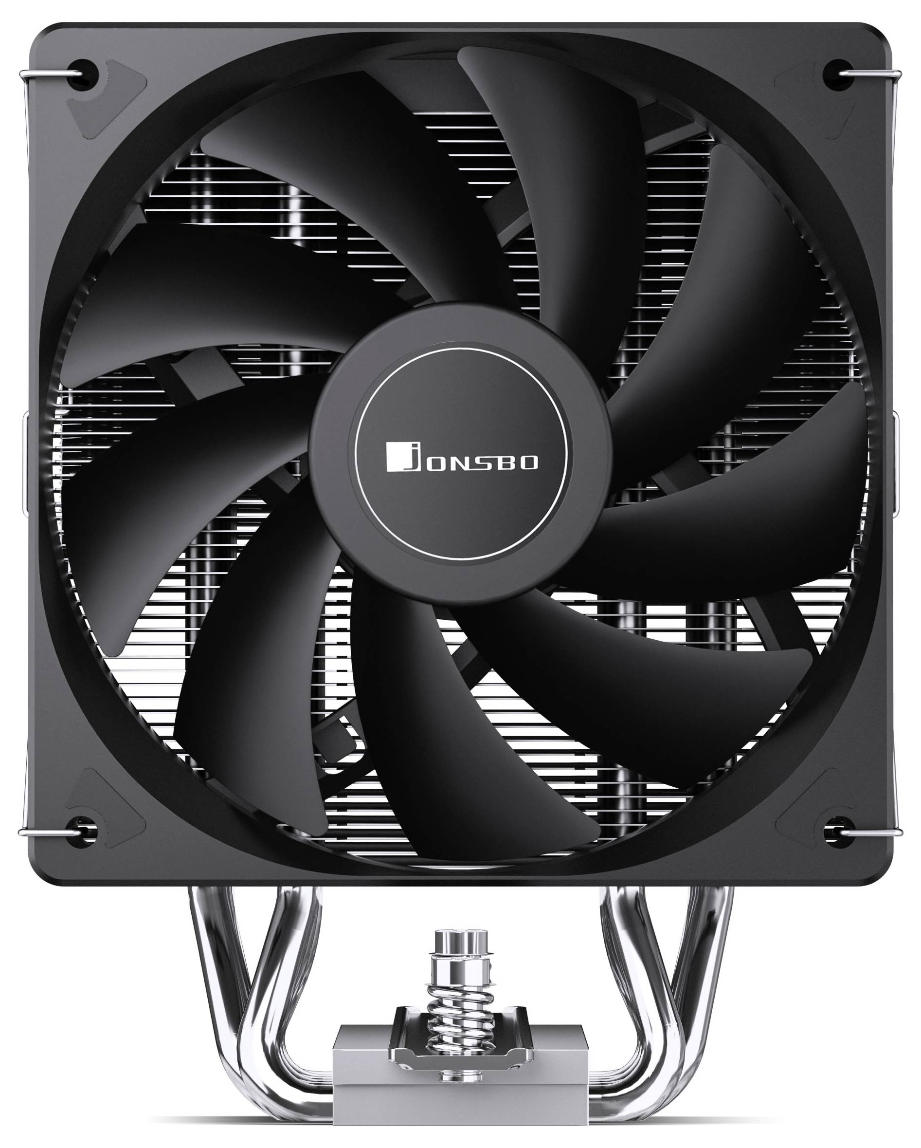 Schwarzer Jonsbo Kühlventilator mit quadratischem Rahmen und sichtbaren Metall-Wärmerohrenleitungen, montiert auf einer CPU-Kühler-Basis.
