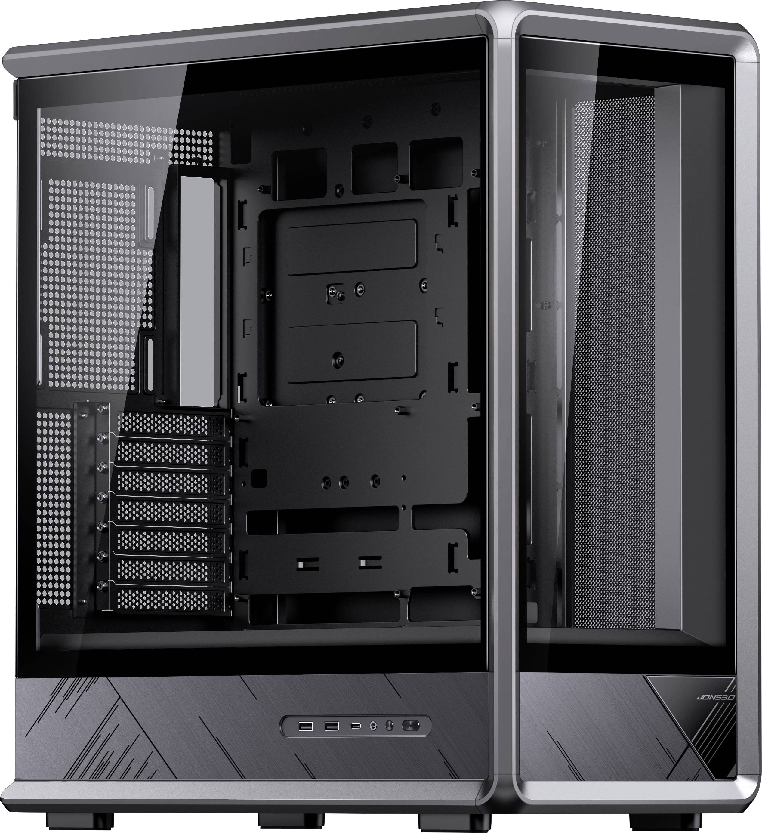 Schwarzes mittleres Tower-PC-Gehäuse mit gehärtetem Glasseitenpanel und Frontpanel, das das leere Innere und die hinteren Erweiterungssteckplätze zeigt.
