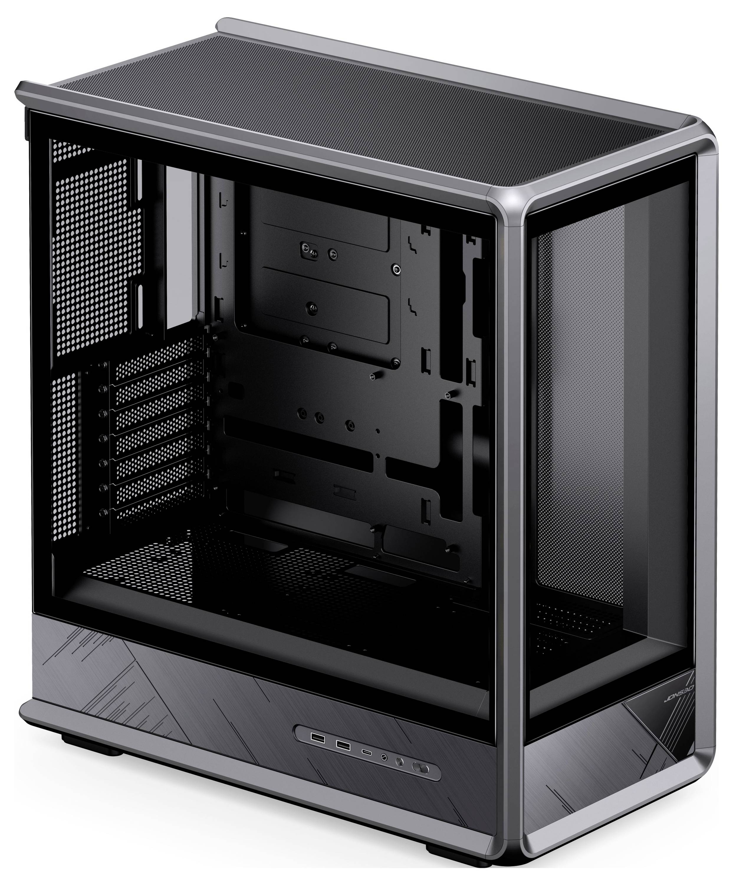 Leeres schwarzes PC-Gehäuse mit gehärtetem Glasseitenpaneel und vornerem Mesh, dargestellt ohne interne Komponenten.
