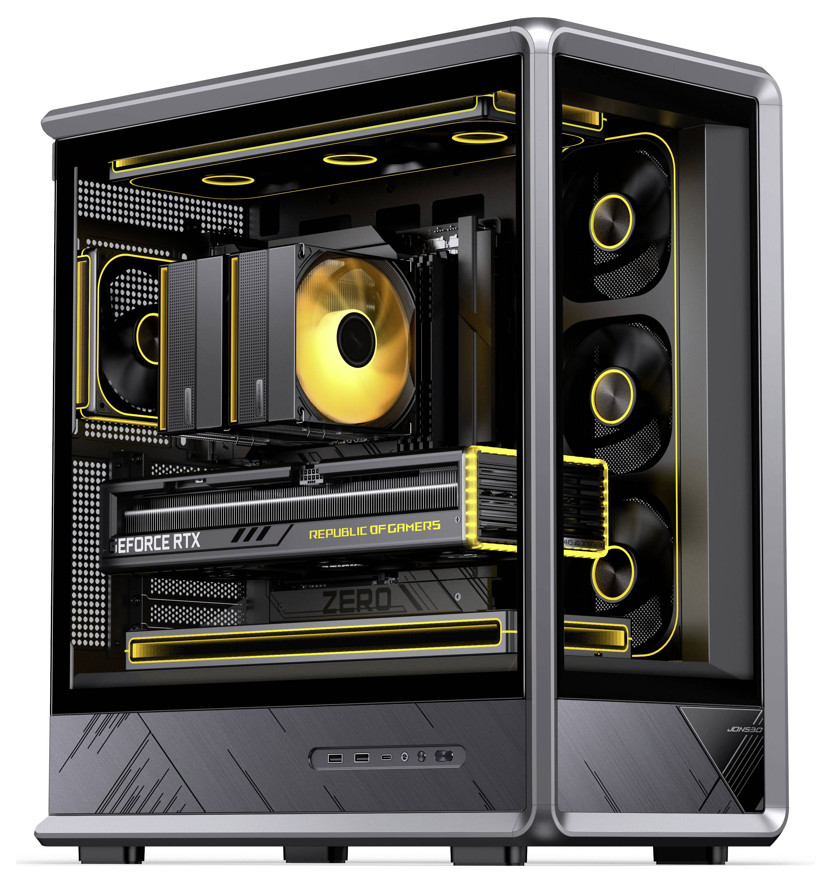 Schwarzer Gaming-Desktopcomputer mit Glaspanelen, RGB-beleuchteten Lüftern und CPU-Kühler, zeigt eine RTX-Grafikkarte im Inneren.