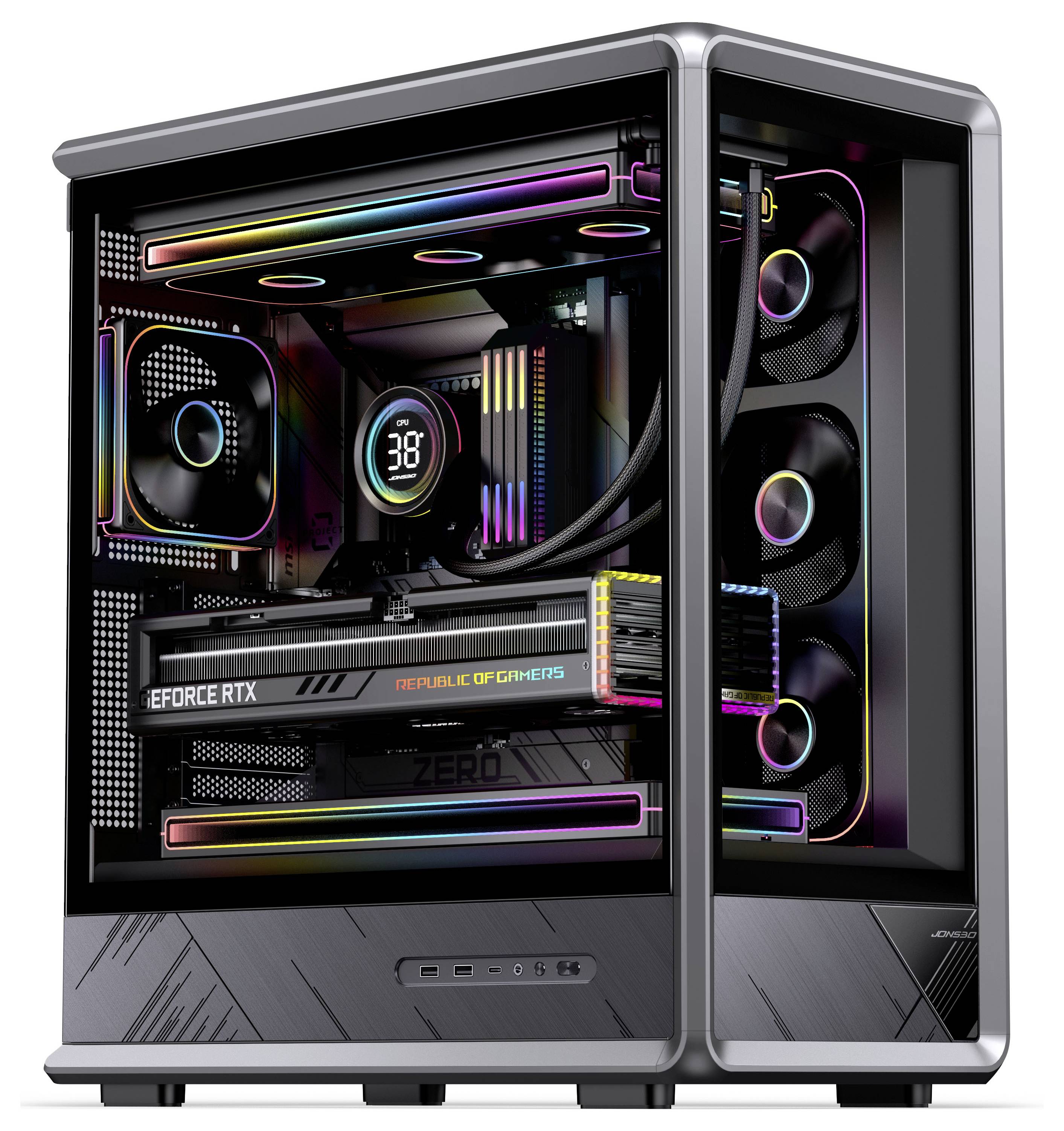 Maßgefertigter Gaming-PC-Tower mit RGB-beleuchteten Lüftern, Flüssigkeitskühlung und GeForce-RTX-Grafikkarte in einem schwarzen Gehäuse mit Hartglaspaneelen.