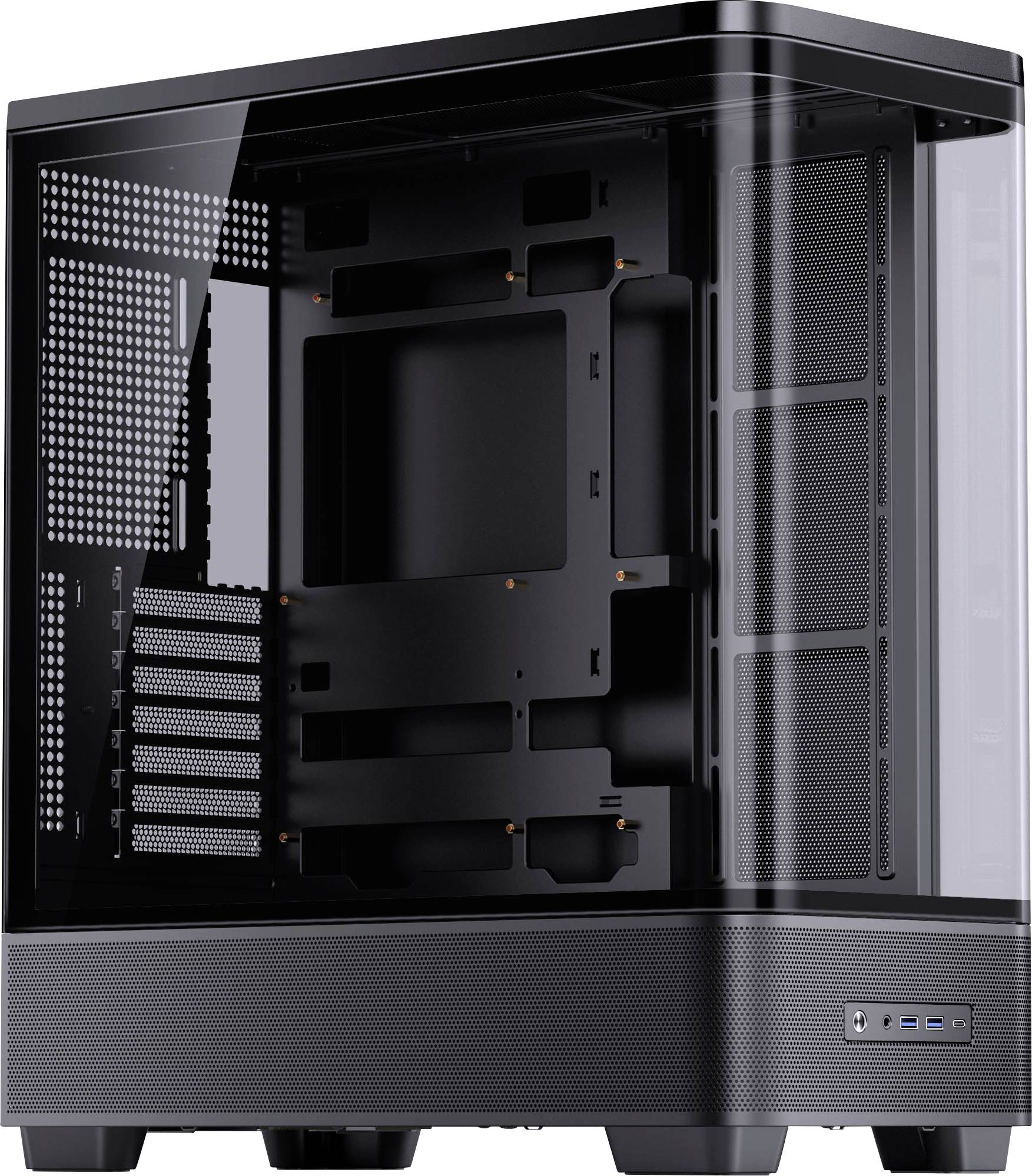 Schwarzes Desktop-PC-Gehäuse mit gehärtetem Glasseitenpaneel, das ein leeres Inneres zeigt, Mesh-Front und -Boden sowie ein vorderes I/O-Panel mit USB-Anschlüssen.