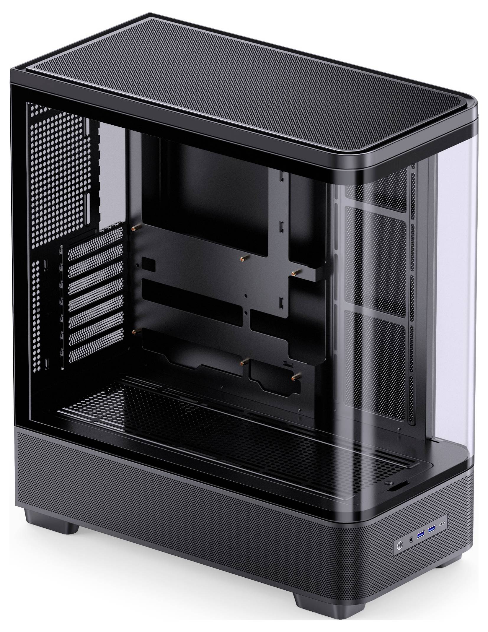 Schwarzes Desktop-PC-Gehäuse mit gehärtetem Glasseitenpanel, perforierten Mesh-Top und Basis sowie vorderen I/O-Anschlüssen in der unteren rechten Ecke.