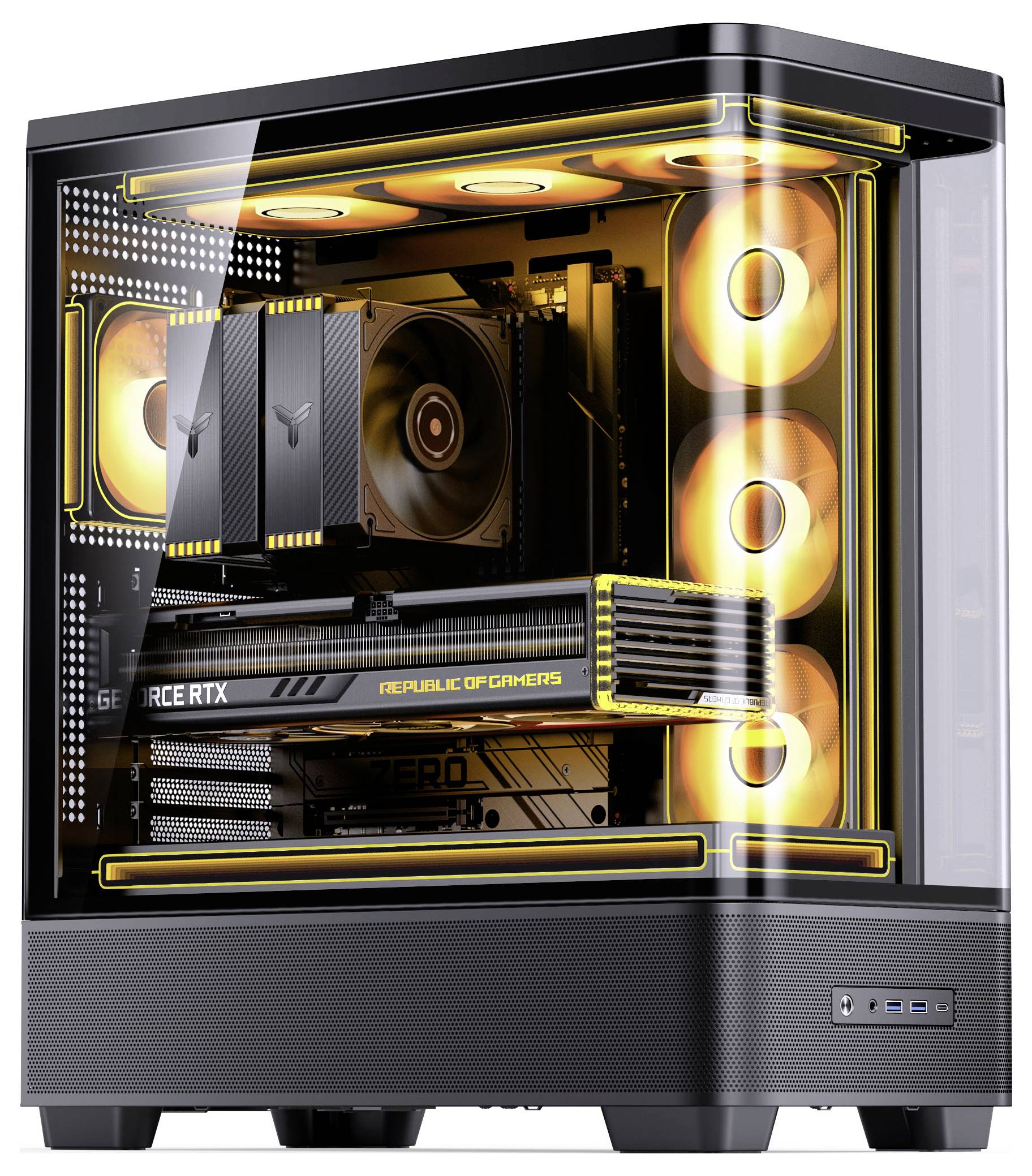 Gaming-Desktop-PC-Gehäuse aus Glas, das beleuchtete interne Komponenten, RGB-Lüfter und eine NVIDIA GeForce RTX-Grafikkarte zeigt.