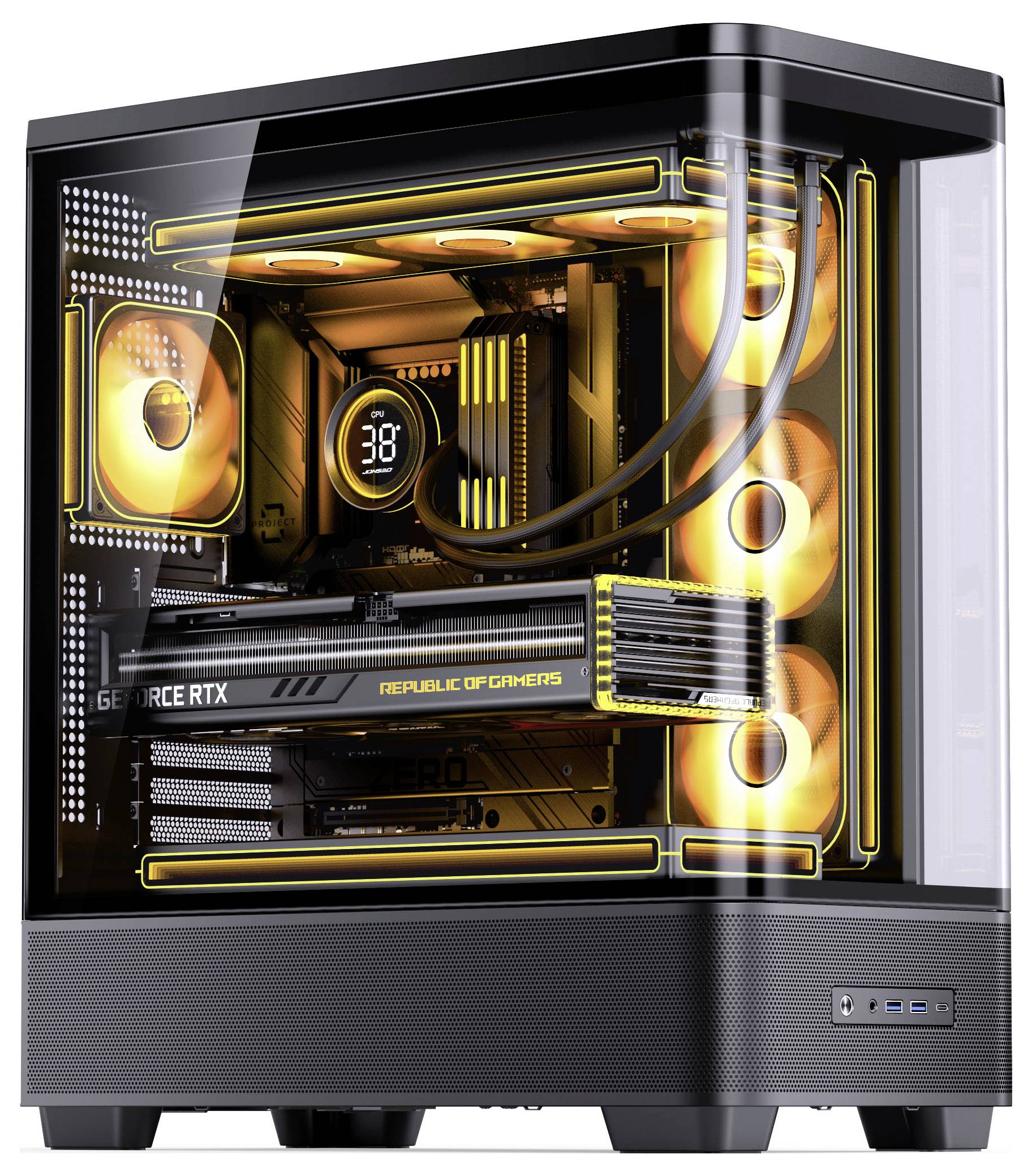 Gaming-Desktop-PC in einem Glasgehäuse mit orange beleuchteten Lüftern, Flüssigkeitskühlung und einer „GeForce RTX