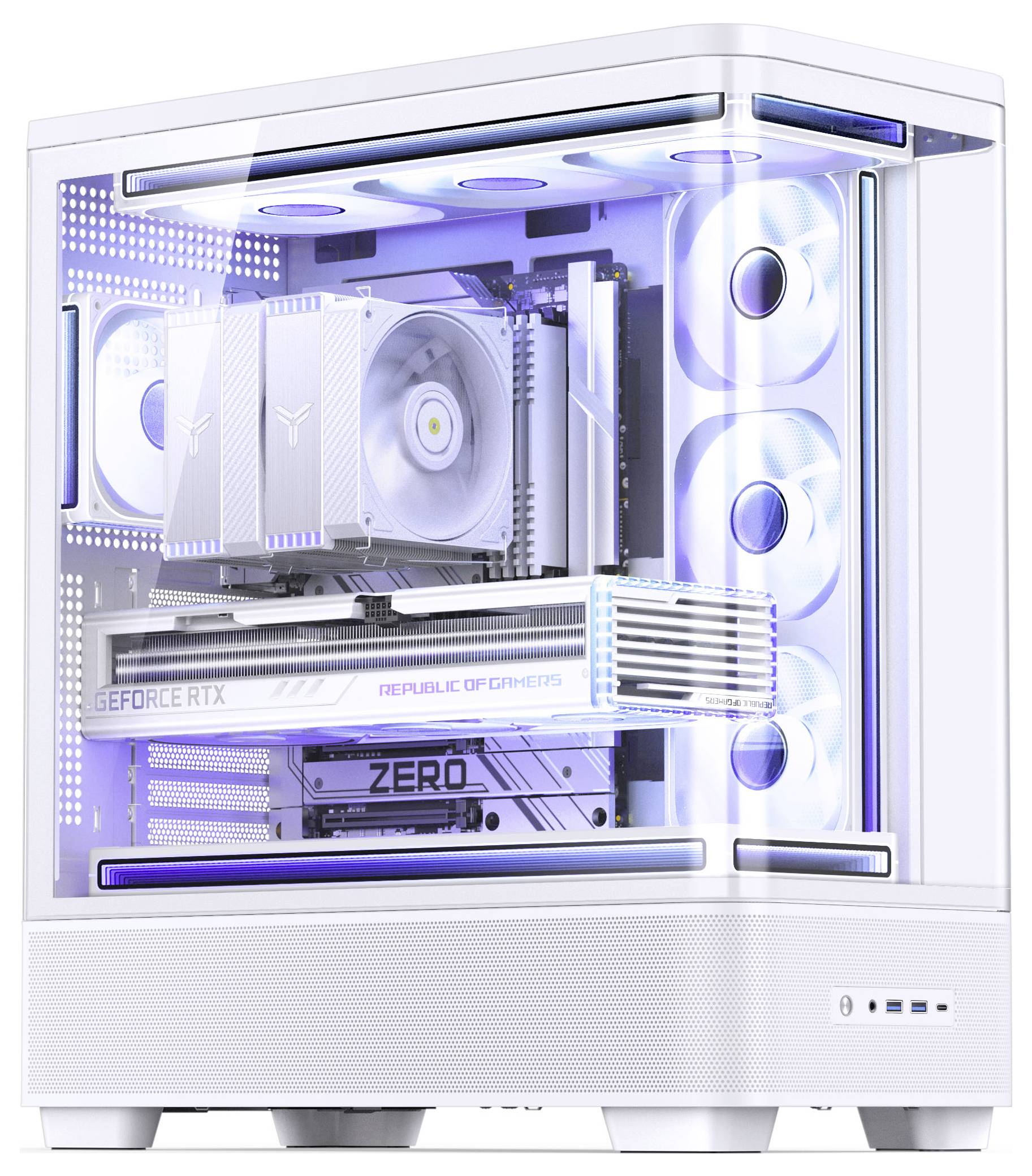 Transparentes weißes Gaming-PC-Gehäuse mit RGB-beleuchteten Lüftern, großem CPU-Kühler und GeForce-RTX-Grafikkarte im Inneren.