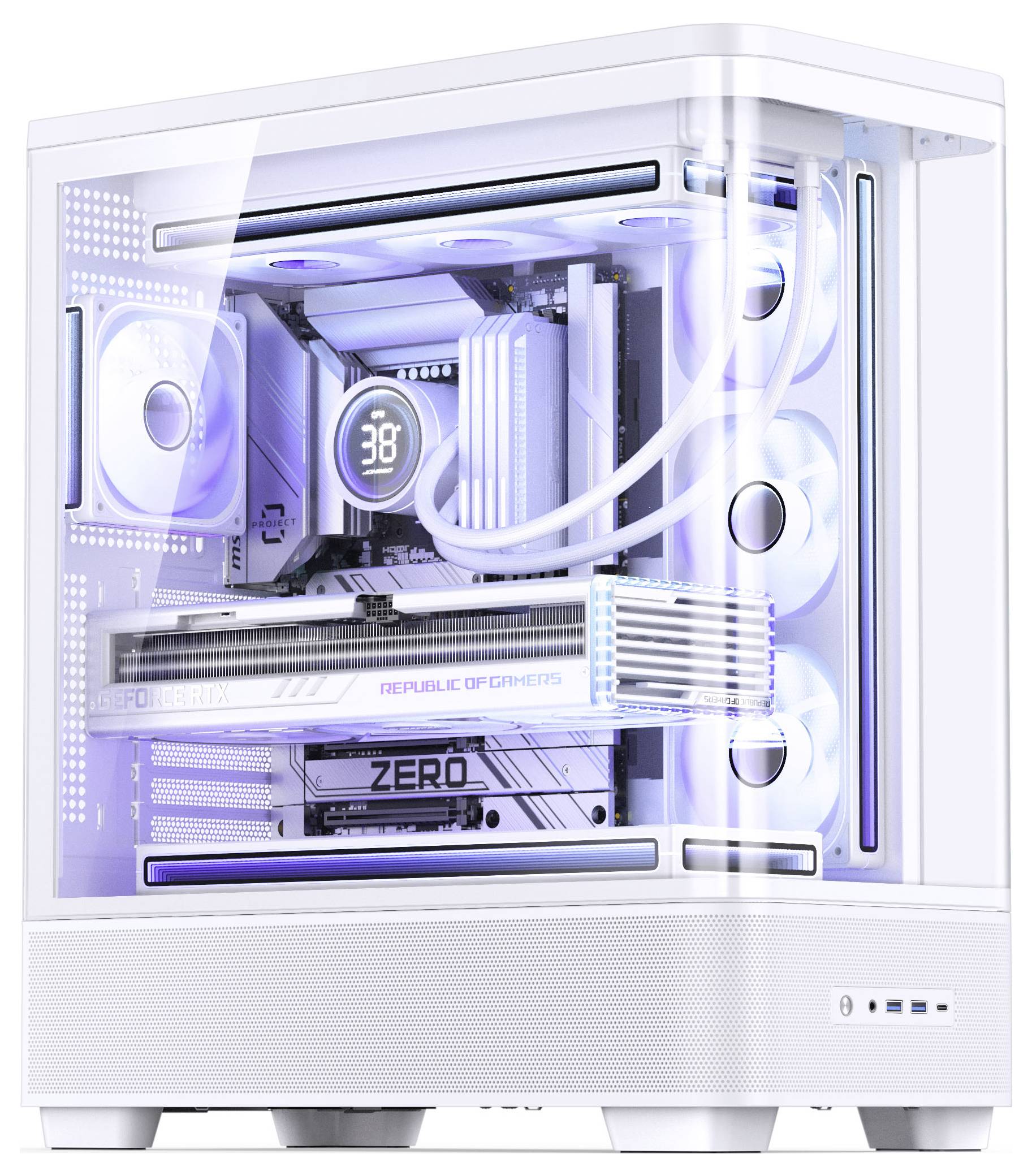Weißer Custom-Gaming-PC-Tower mit RGB-beleuchteten Komponenten, sichtbaren Flüssigkeitskühlungsrohren und Grafikkarte mit den Bezeichnungen „REPUBLIC OF GAMERS" und „ZERO".